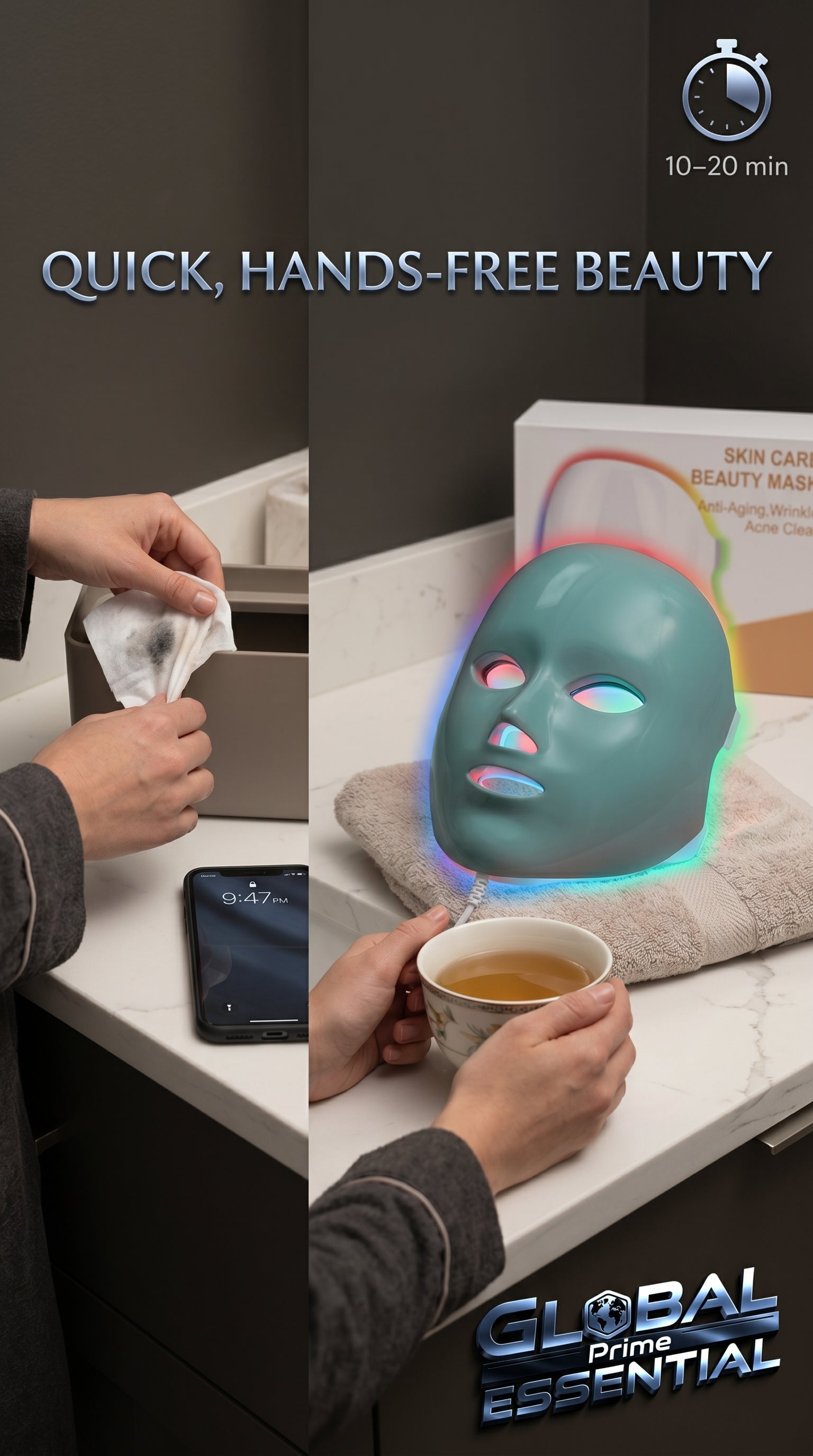 Global Prime Essential therapy mask for skincare, shown being applied at home in a 20-minute treatment.