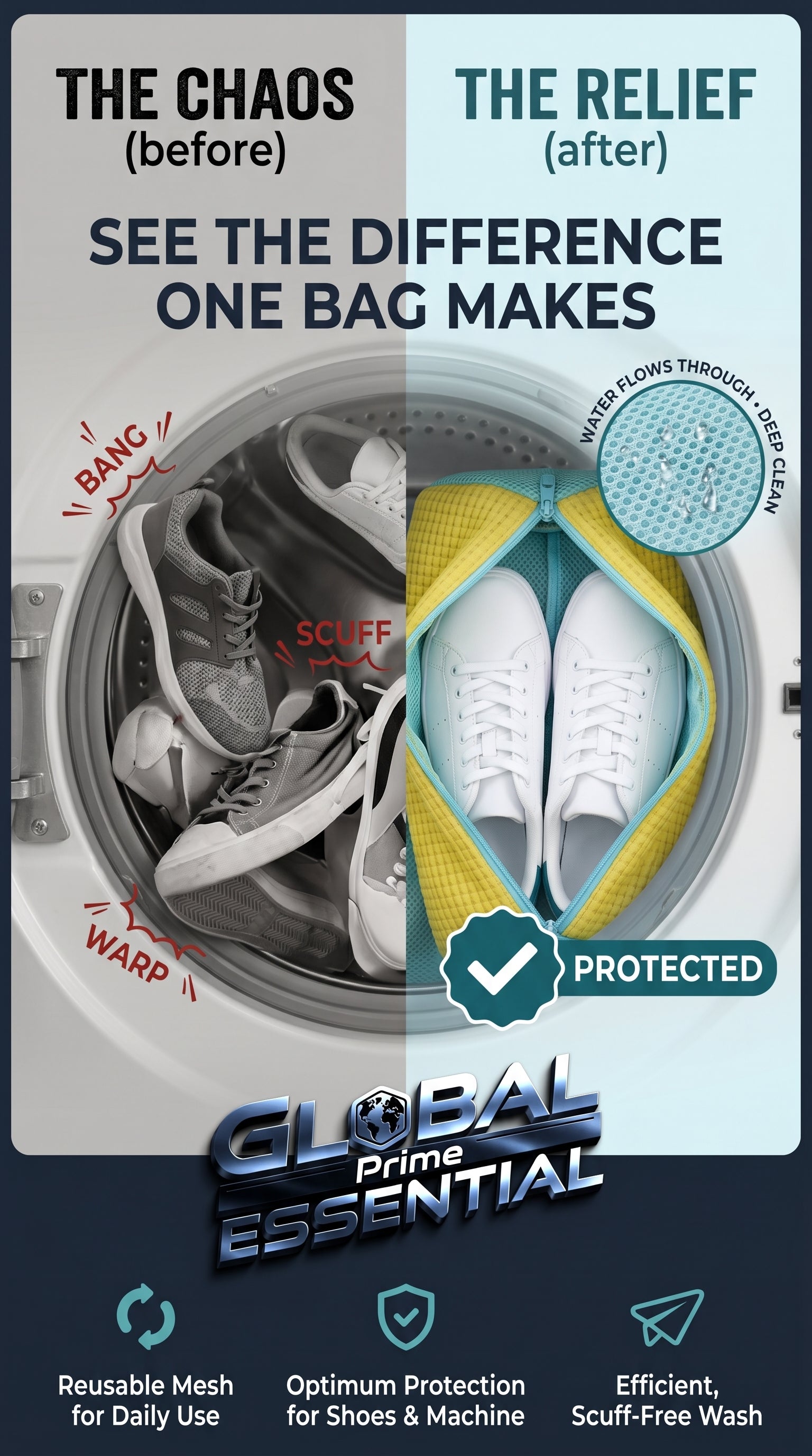 Global Prime Essential shoe washing machine bag protecting sneakers during laundry, preventing damage and keeping shoes clean.