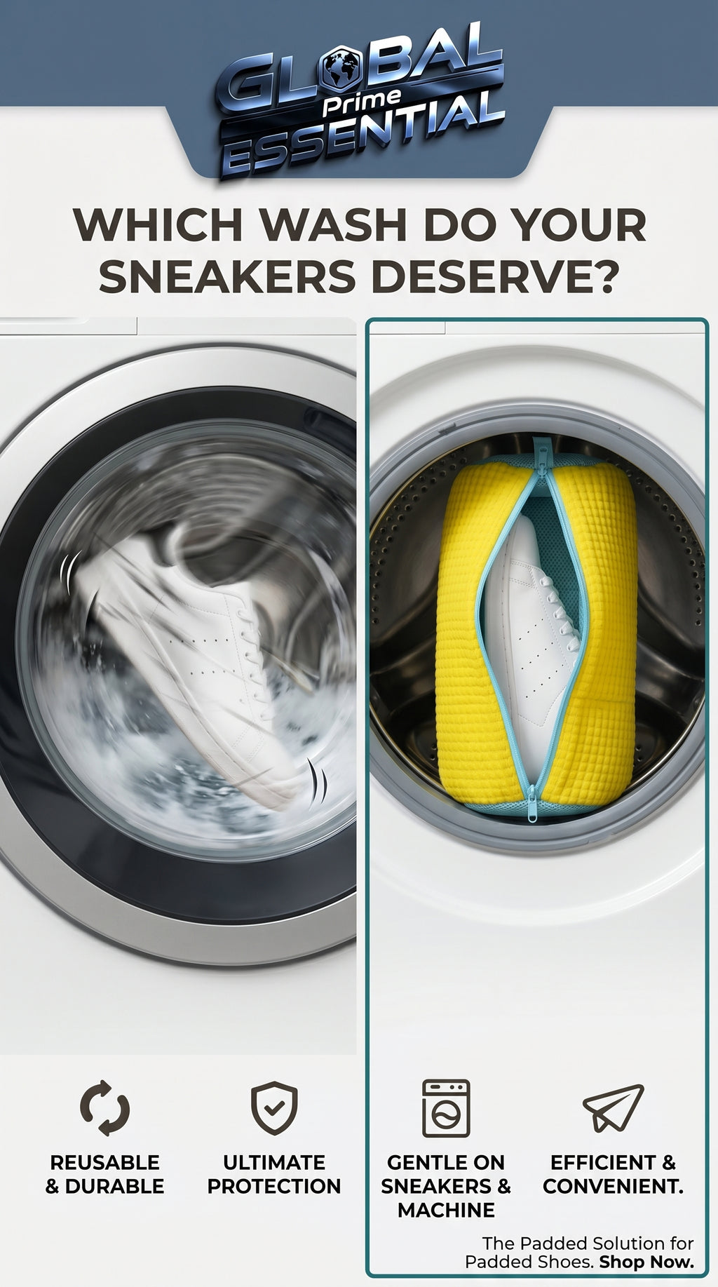 Global Prime Essential shoe washing machine bag protecting sneakers during laundry, preventing damage and keeping shoes clean.