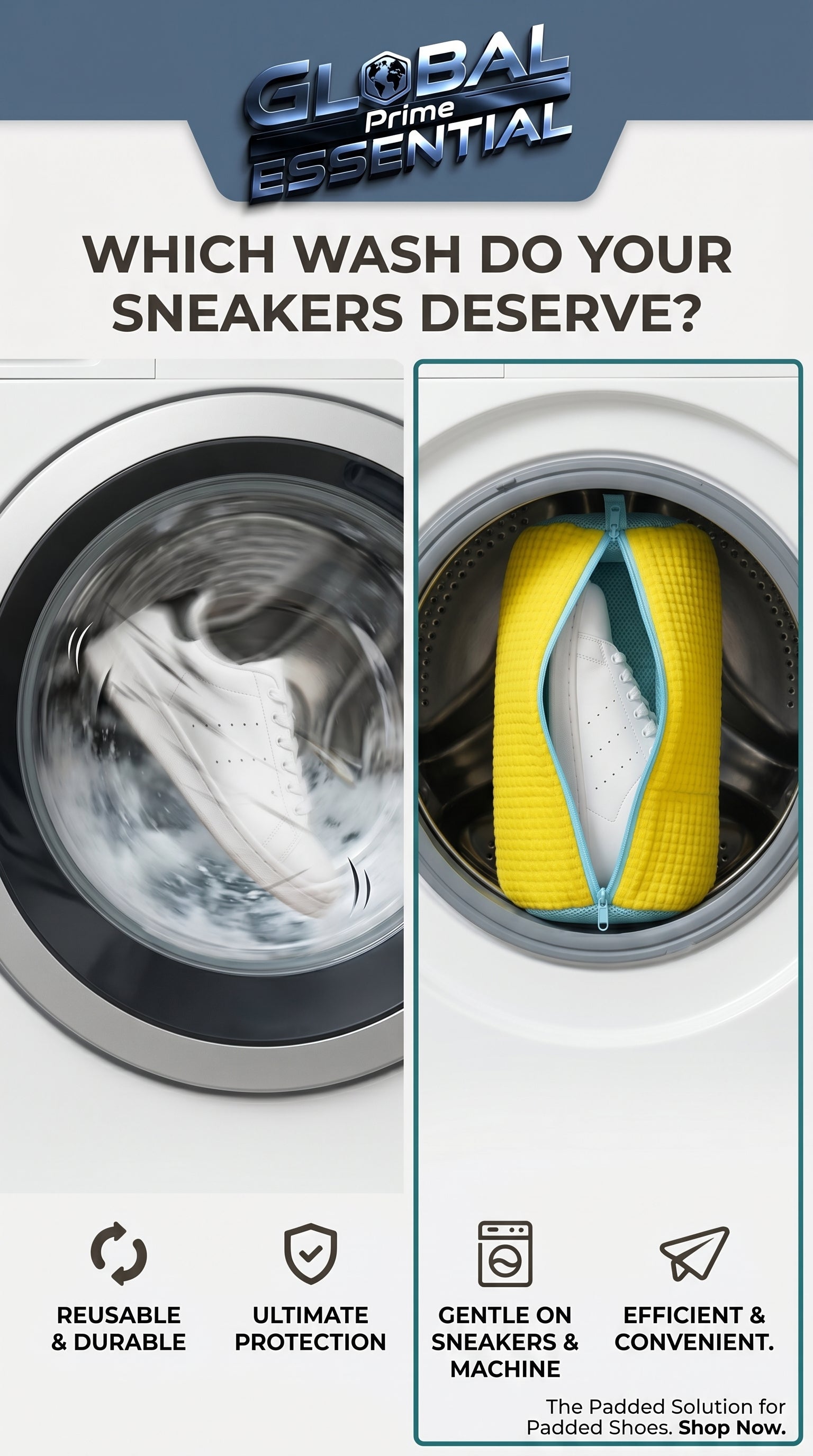 Global Prime Essential shoe washing machine bag protecting sneakers during laundry, preventing damage and keeping shoes clean.