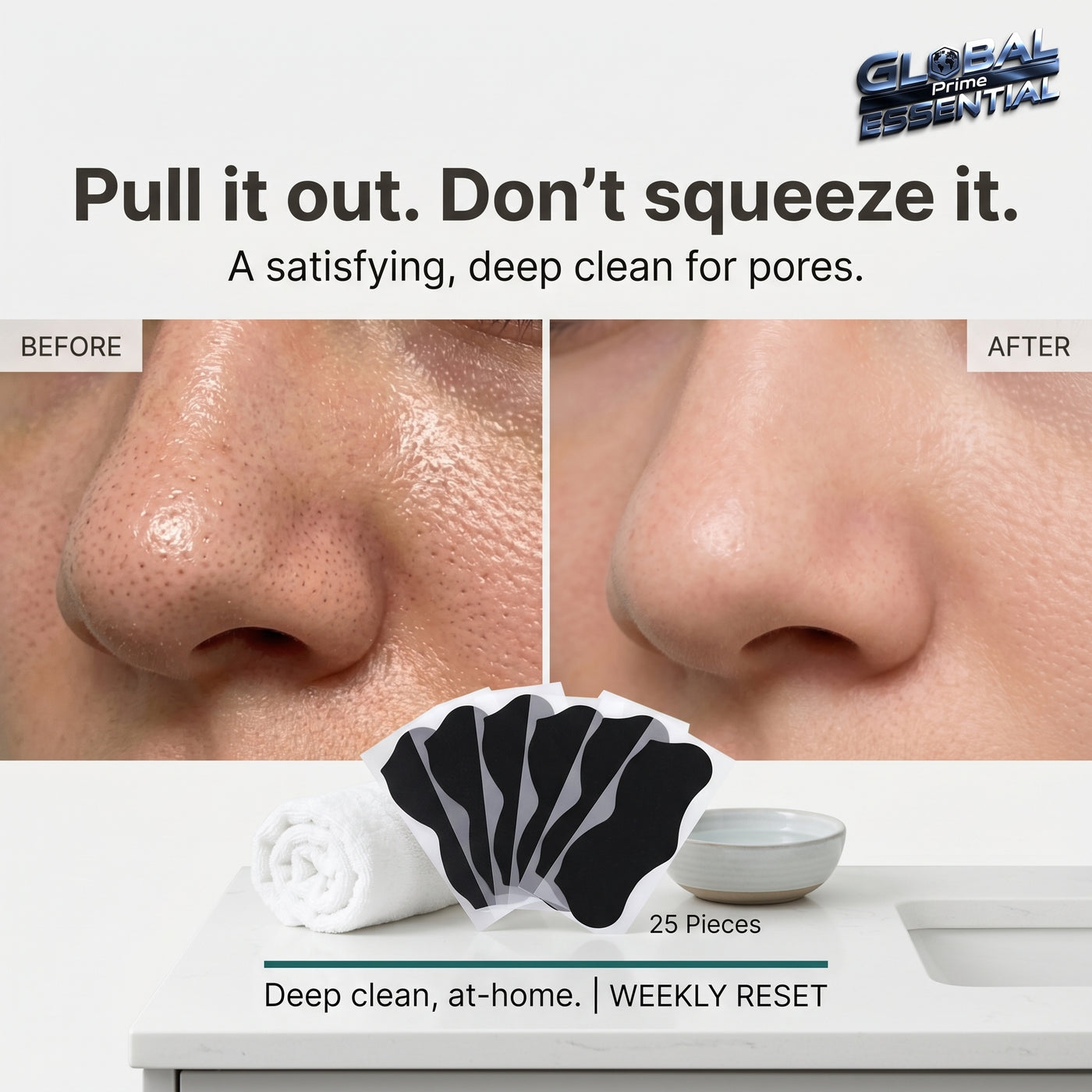 Global Prime Essential blackhead remover pore strips pulling out blackheads from nose for deep cleansing and visible results.