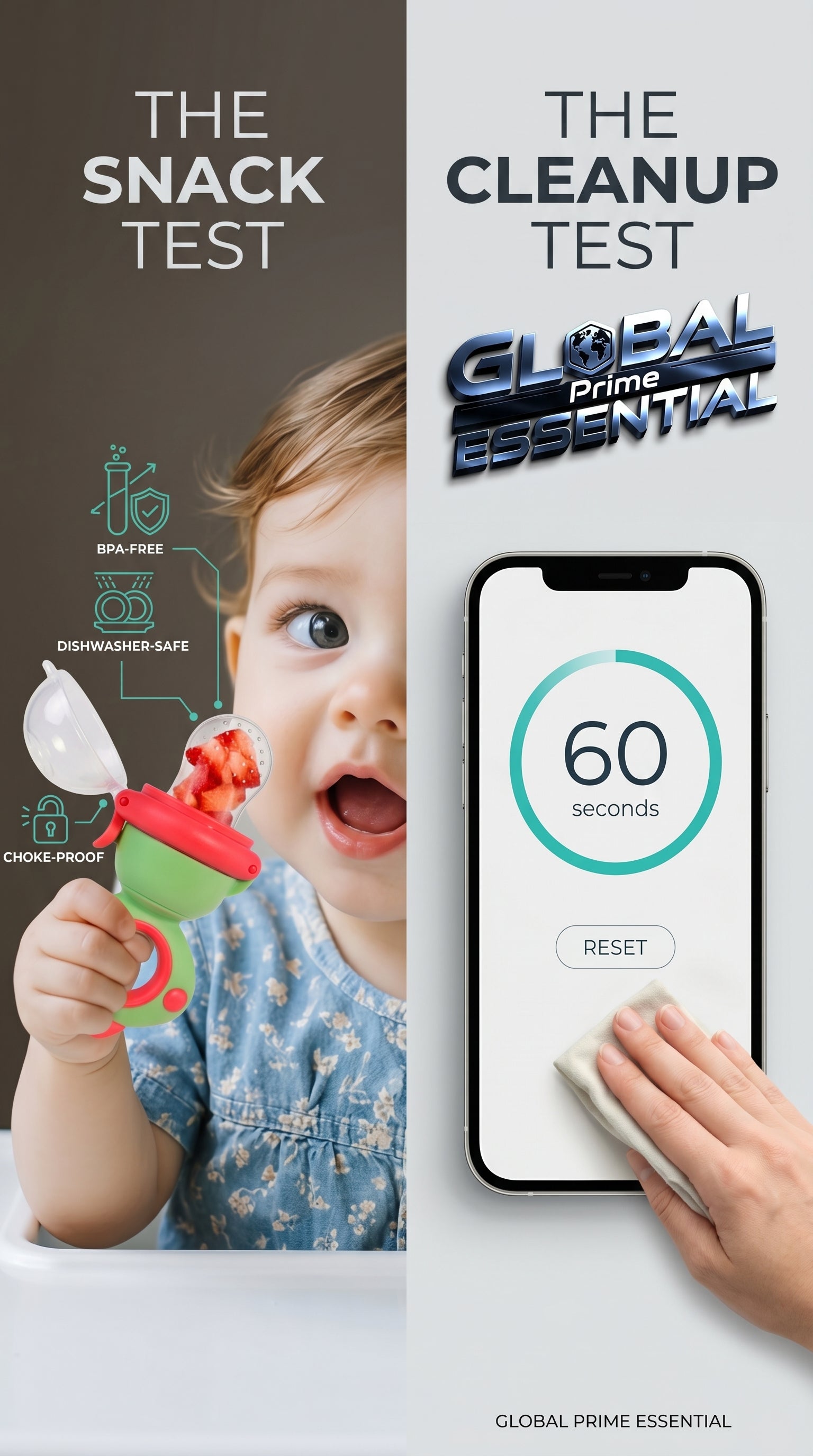 Global Prime Essential baby fruit squeezer feeder with quick cleanup, ideal for easy snack feeding and on-the-go fruit feeding.