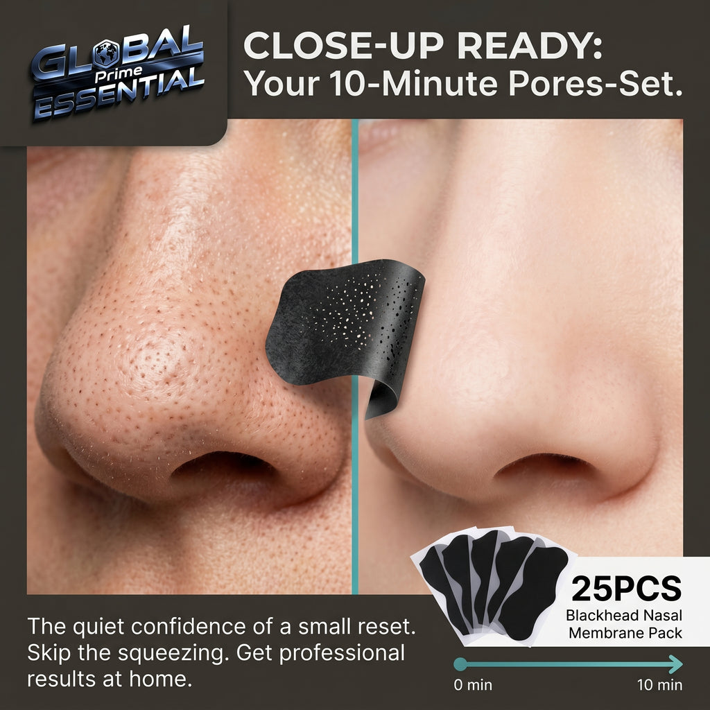 Global Prime Essential nose blackhead remover pore strip for deep cleansing, showing clear, smooth skin after use.