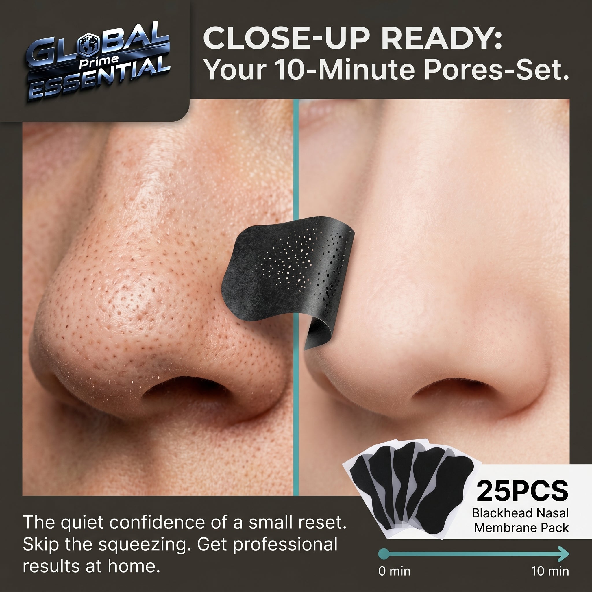 Global Prime Essential nose blackhead remover pore strip for deep cleansing, showing clear, smooth skin after use.