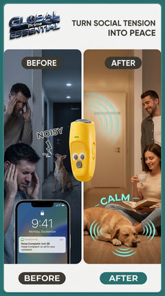 Global Prime Essential ultrasonic dog barking device emitting high-frequency sound to stop excessive barking.