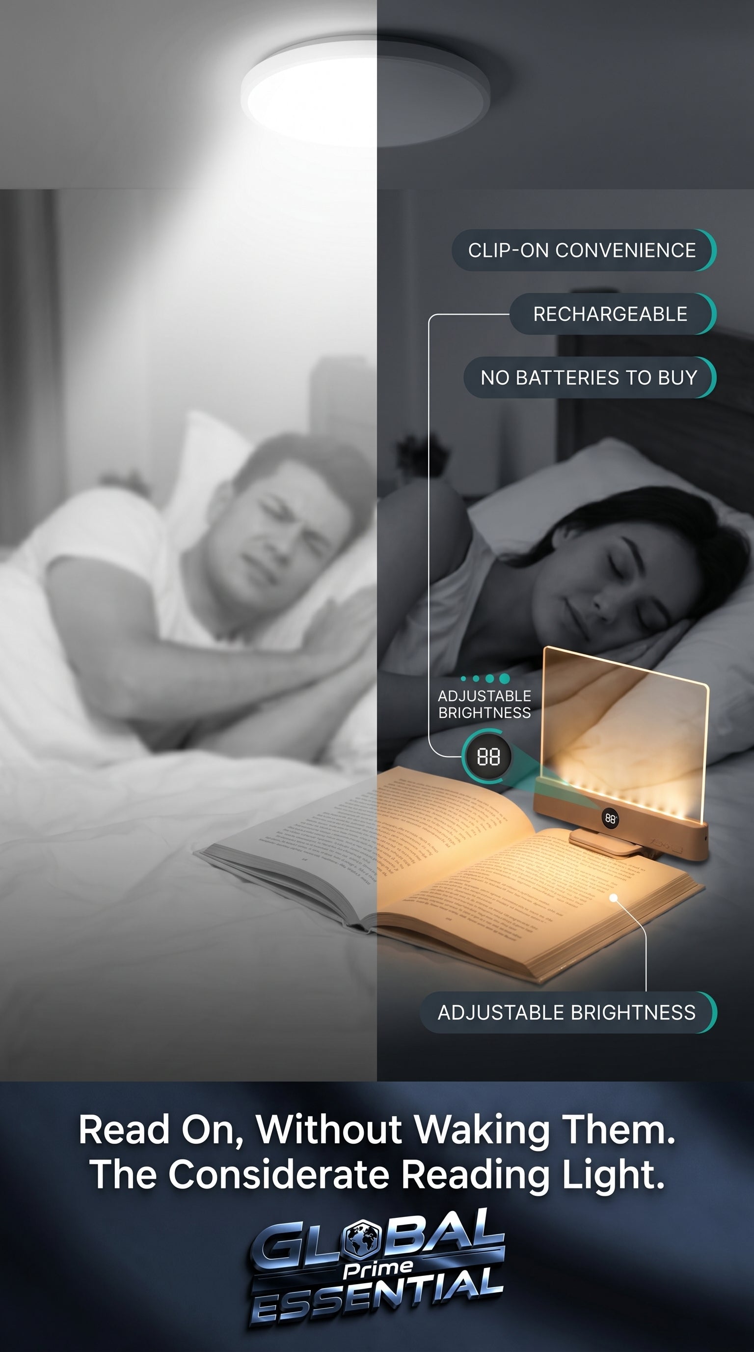 Global Prime Essential LED book light clipped onto a book, providing adjustable brightness for comfortable reading.