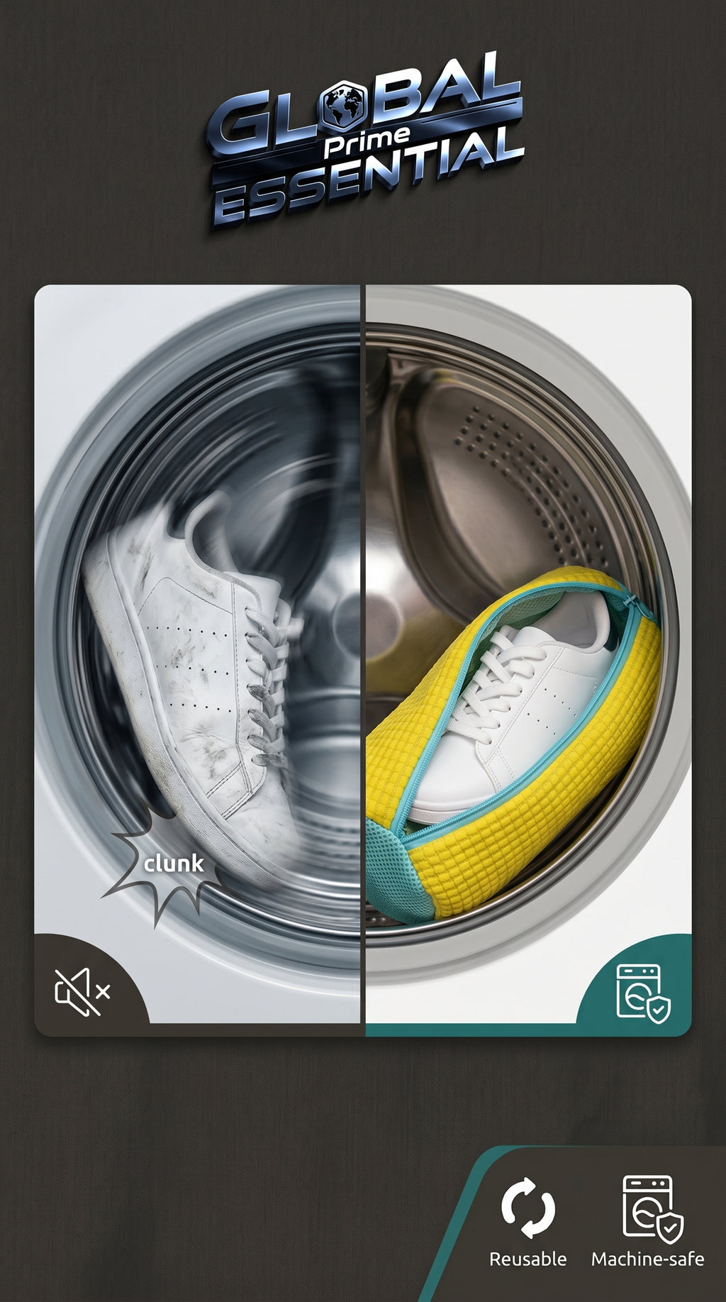 Global Prime Essential Shoe Washing Machine Bag for gentle cleaning of shoes in a washing machine, with a quiet wash cycle.
