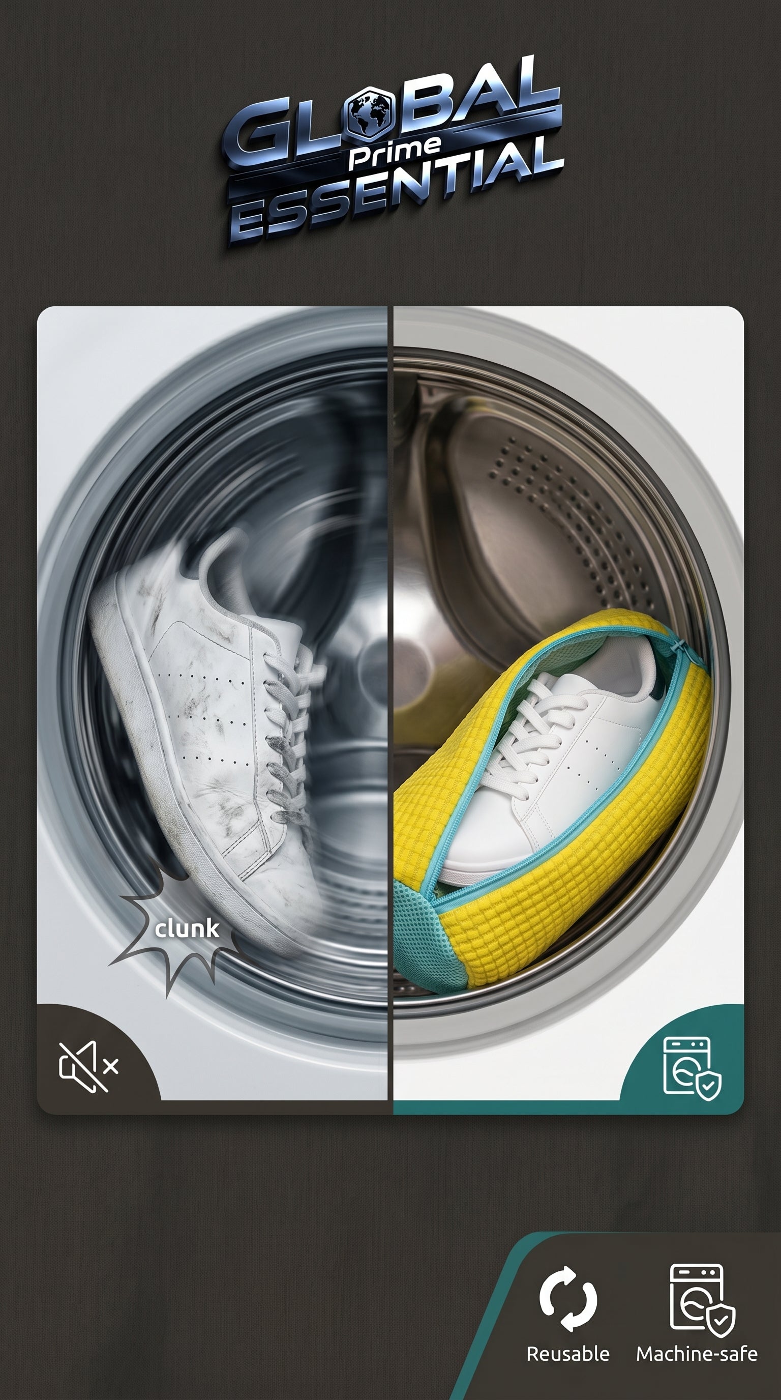 Global Prime Essential Shoe Washing Machine Bag for gentle cleaning of shoes in a washing machine, with a quiet wash cycle.