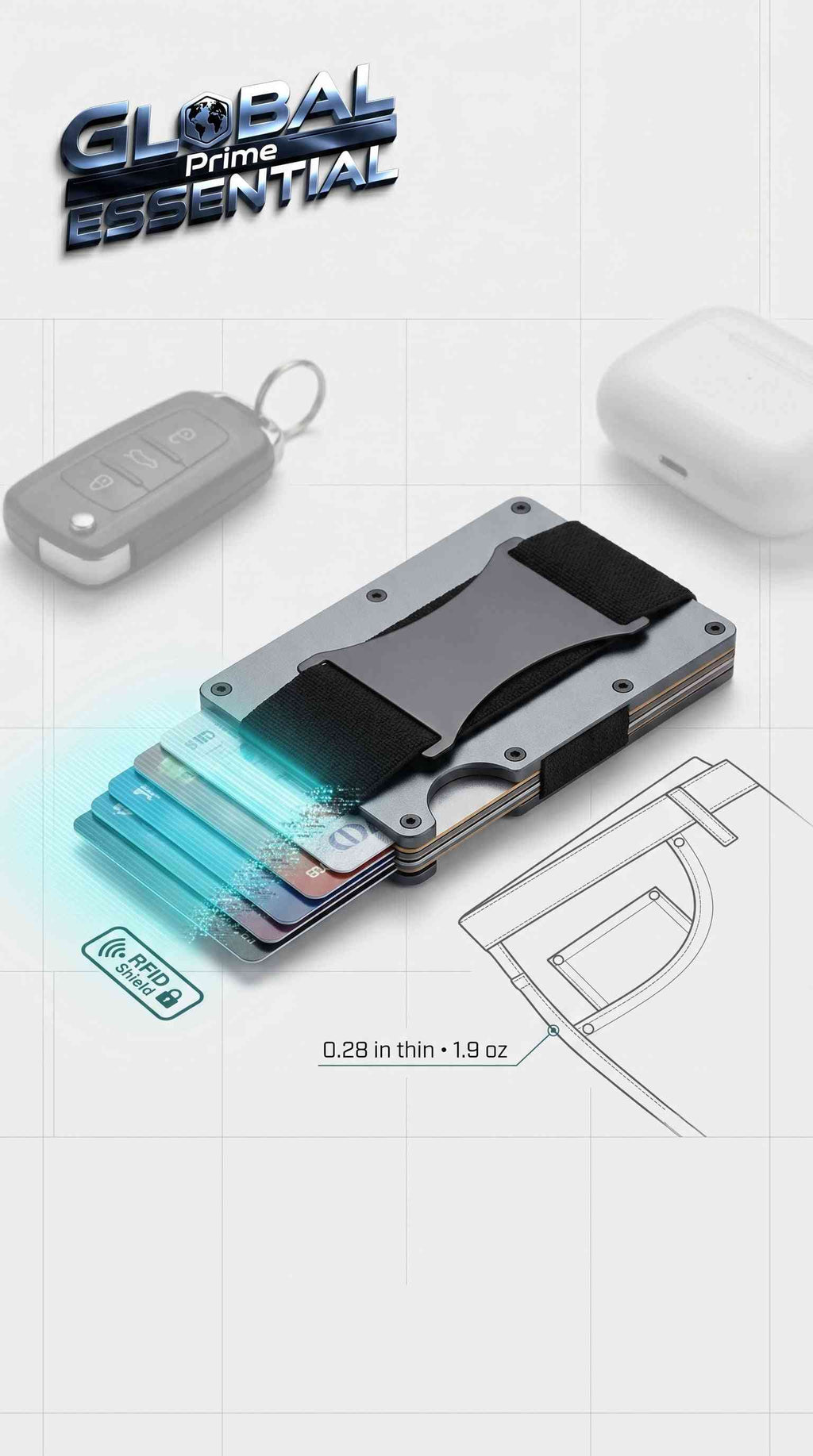 Global Prime Essential minimalist aluminum wallet with RFID protection, slim design, holds 15 cards and cash strap in various colors