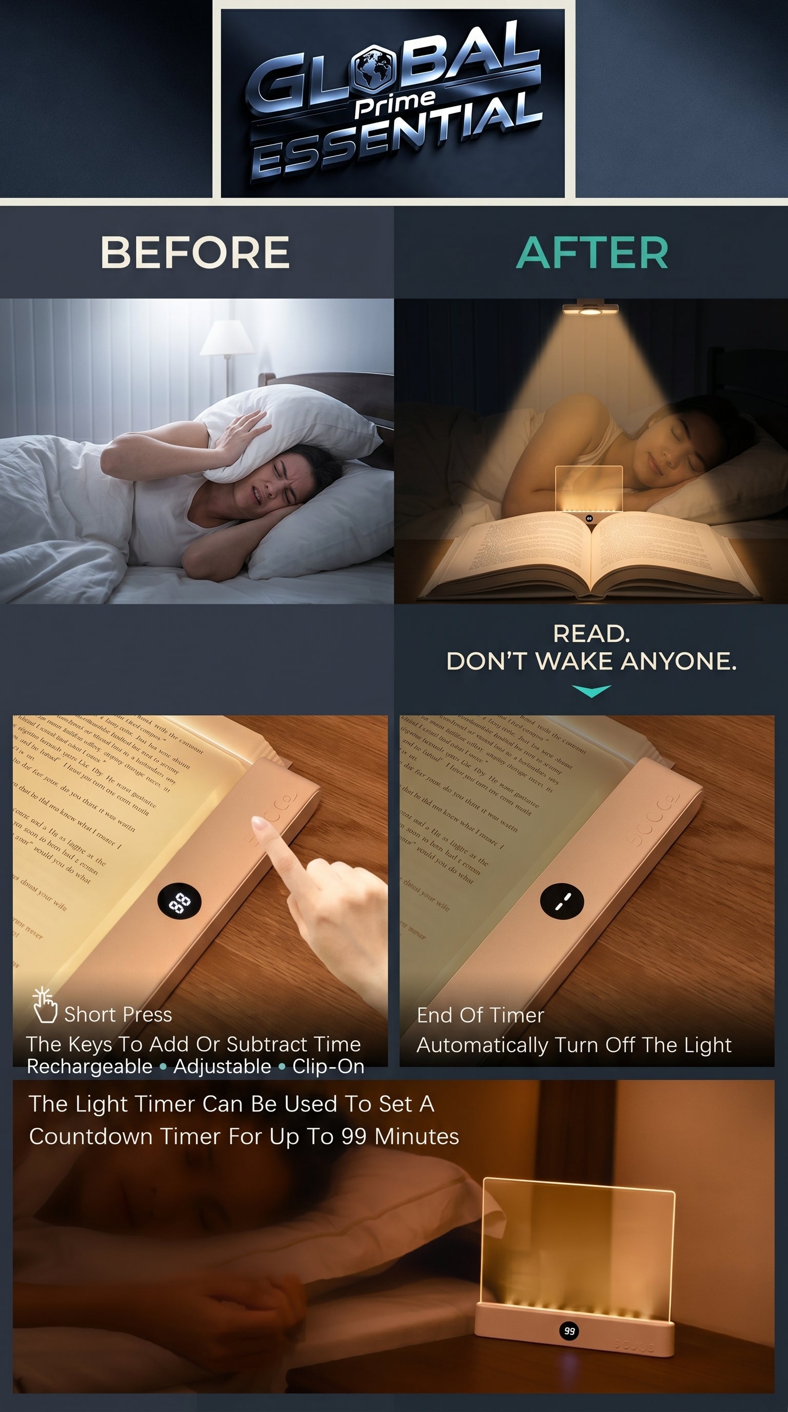 Global Prime Essential LED clip-on book light with adjustable brightness for reading in bed or low-light conditions.