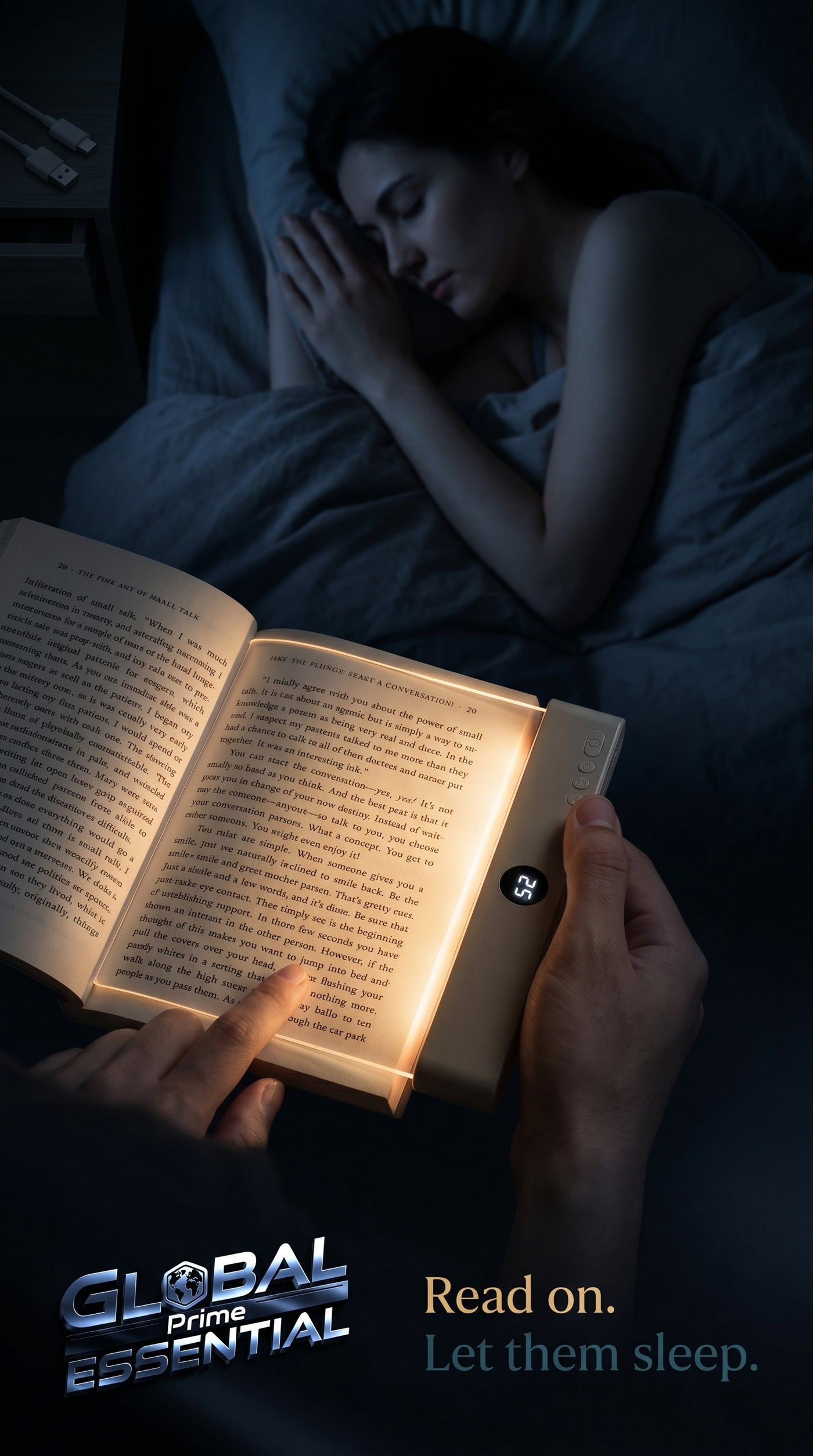 Global Prime Essential LED clip-on book light with adjustable brightness, rechargeable reading lamp for nighttime reading.