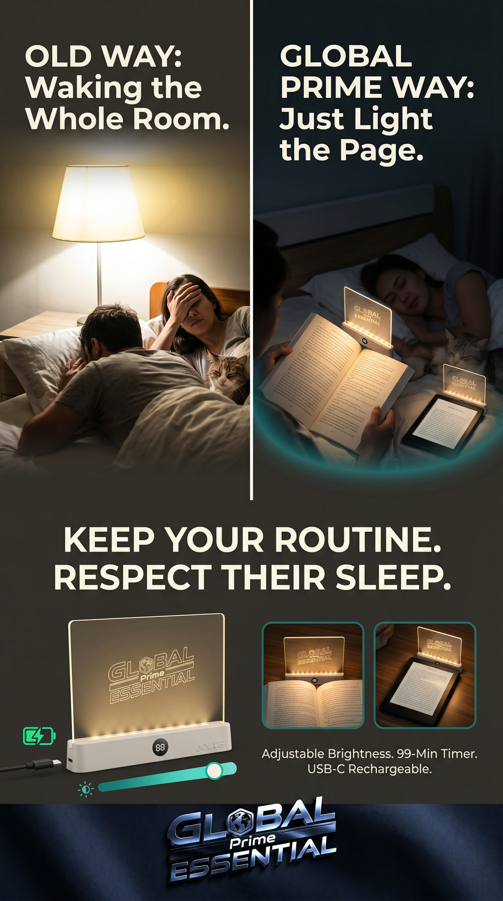 Global Prime Essential LED clip-on book light illuminating a dark room for reading with adjustable brightness.