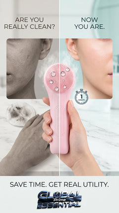 Global Prime Essential Sonic Waterproof Facial Cleansing Brush on clean skin, showcasing deep pore cleansing for smoother skin.