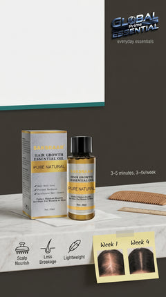 Global Prime Essential hair growth oil bottle and application scene, nourishing scalp treatment for thicker, fuller hair.
