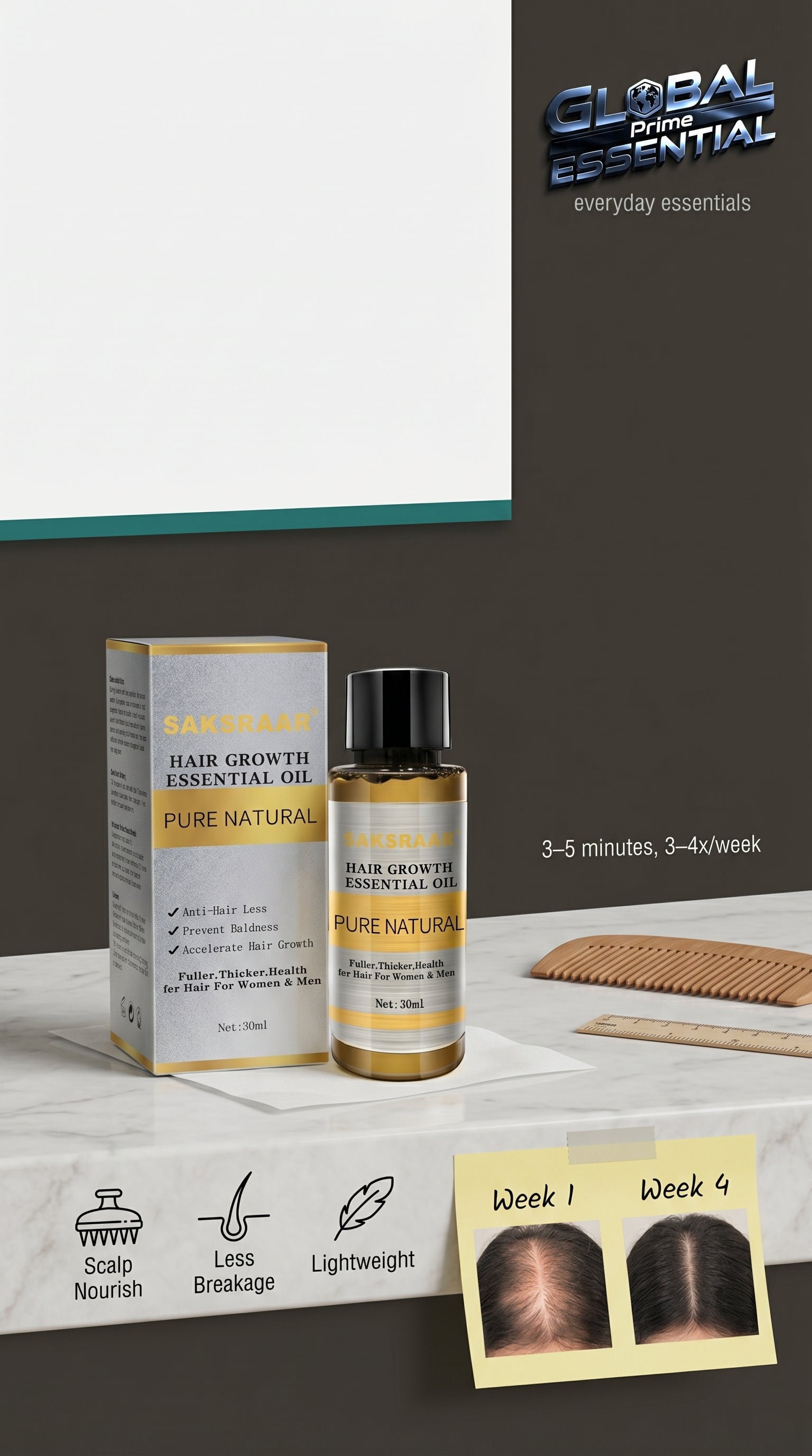 Global Prime Essential hair growth oil bottle and application scene, nourishing scalp treatment for thicker, fuller hair.