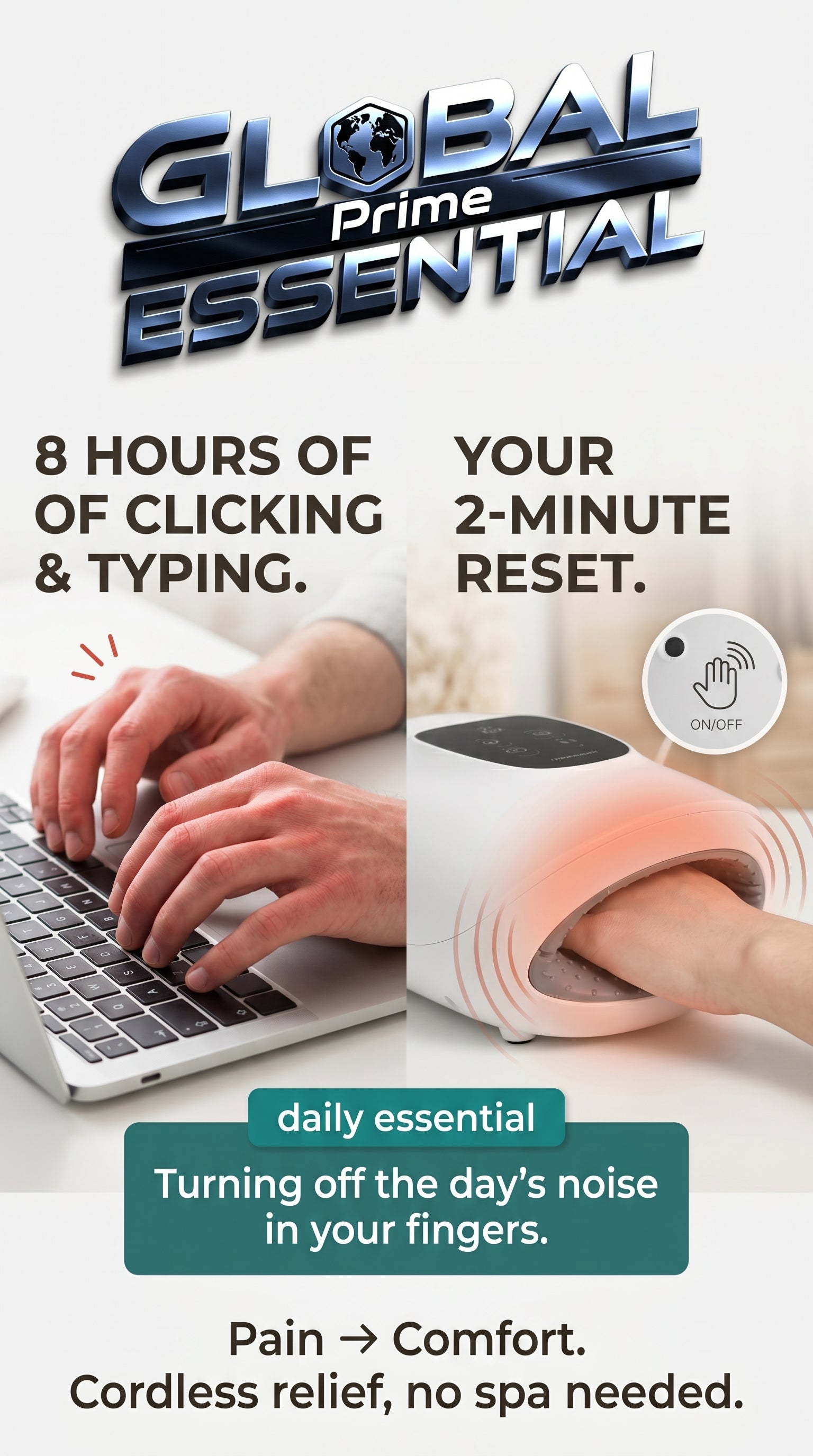 Wireless electric hand massager by Global Prime Essential relaxing hands with ergonomic design and adjustable settings.