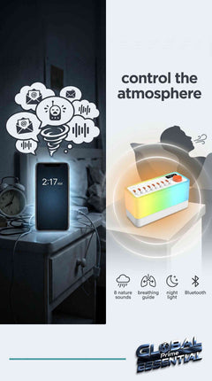 Global Prime Essential ambient sound machine with night light, nature sounds, breathing therapy, and Bluetooth speaker for relaxing nights.