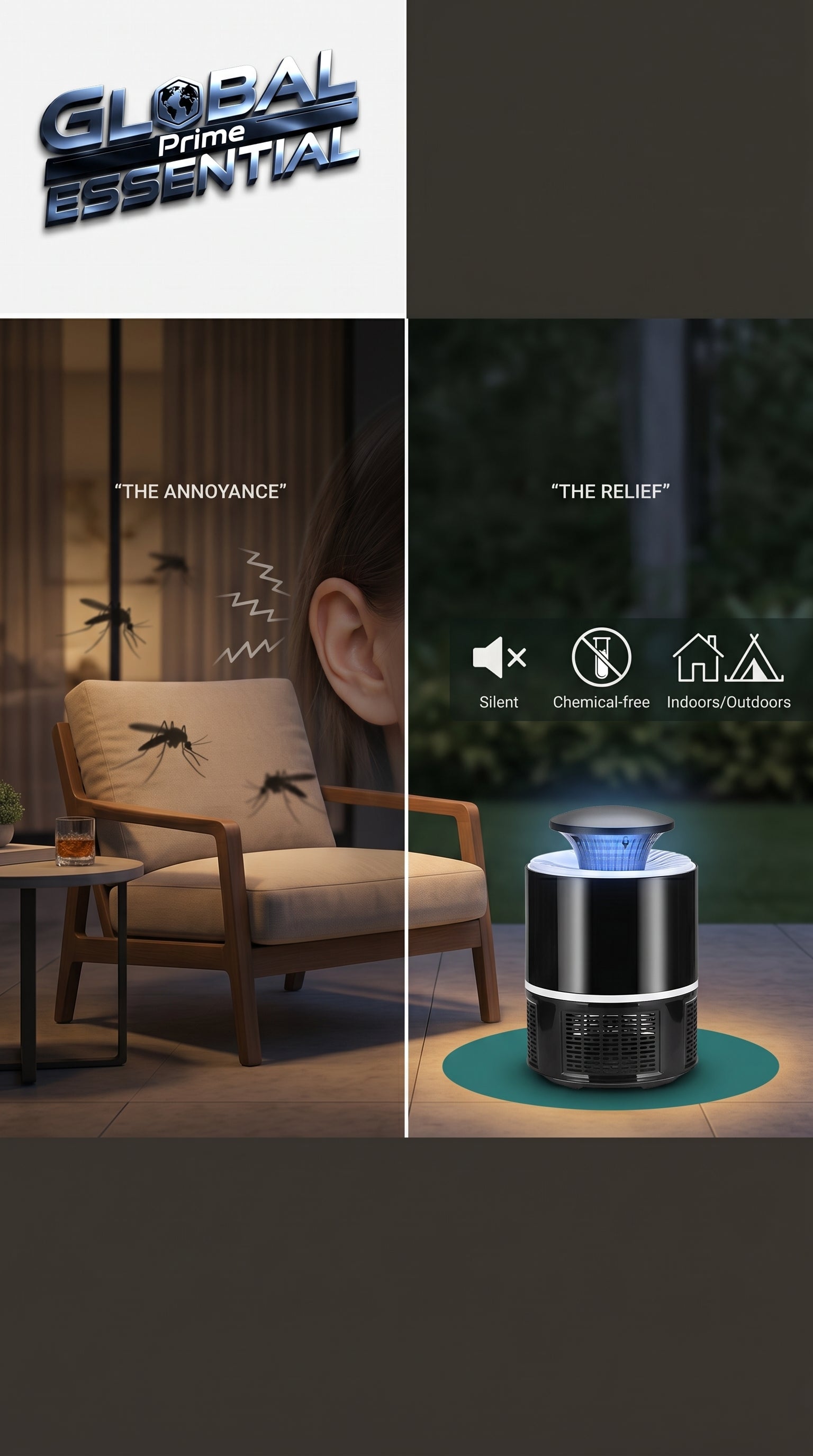 Global Prime Essential mosquito lamp emitting light to attract and trap mosquitoes for a mosquito-free evening.