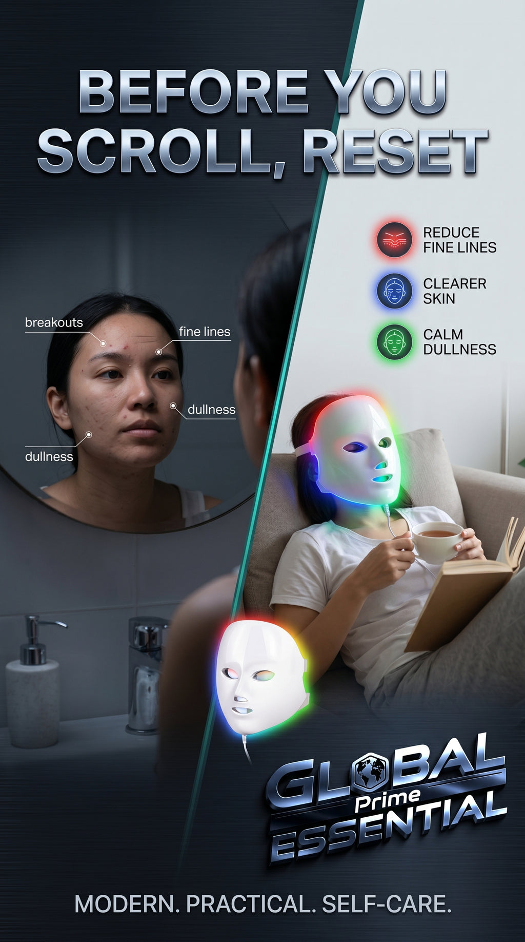 Global Prime Essential Therapy Mask for light therapy, featuring a sleek design and adjustable straps for a comfortable fit.
