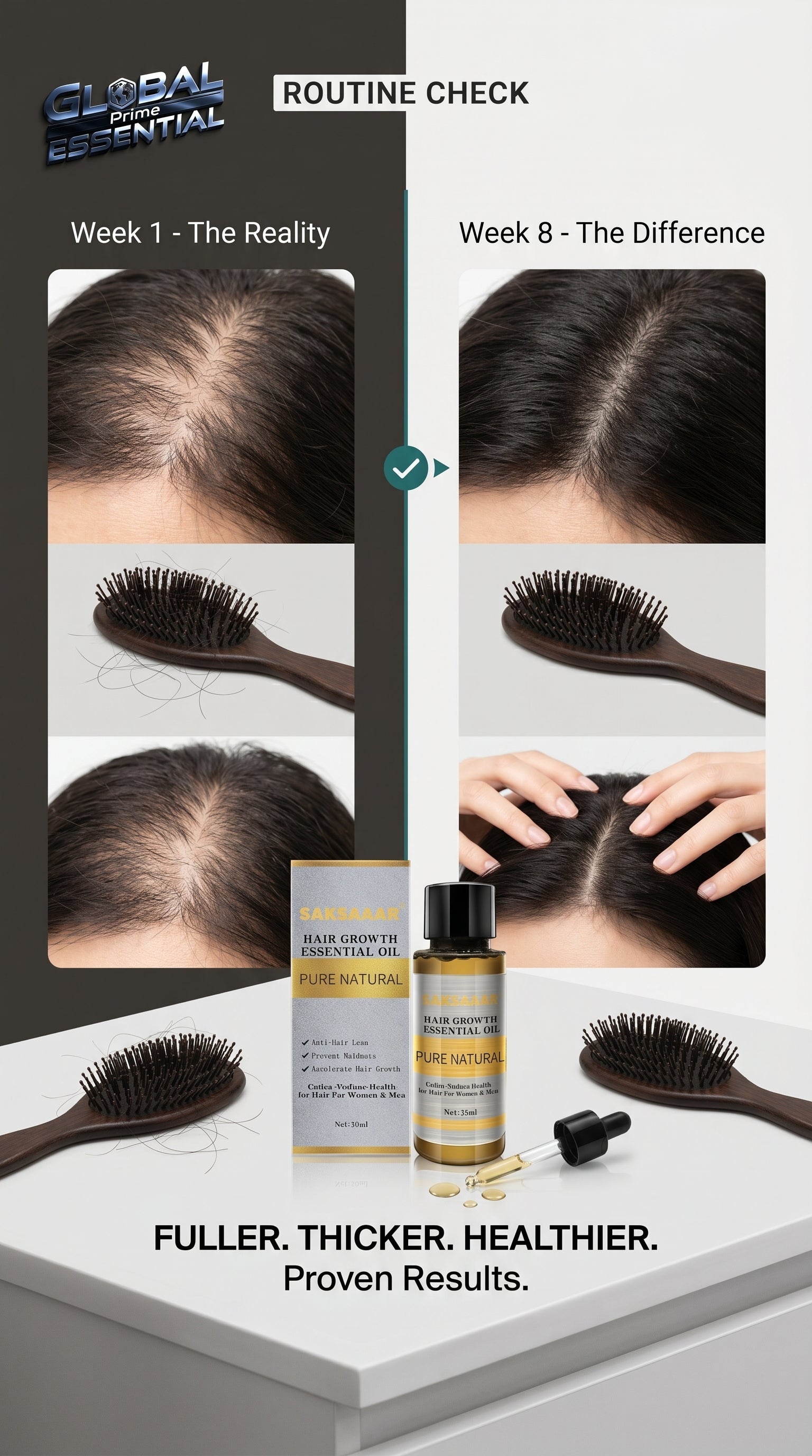 Global Prime Essential hair growth oil in a dropper bottle, nourishing scalp treatment for thicker, fuller hair.