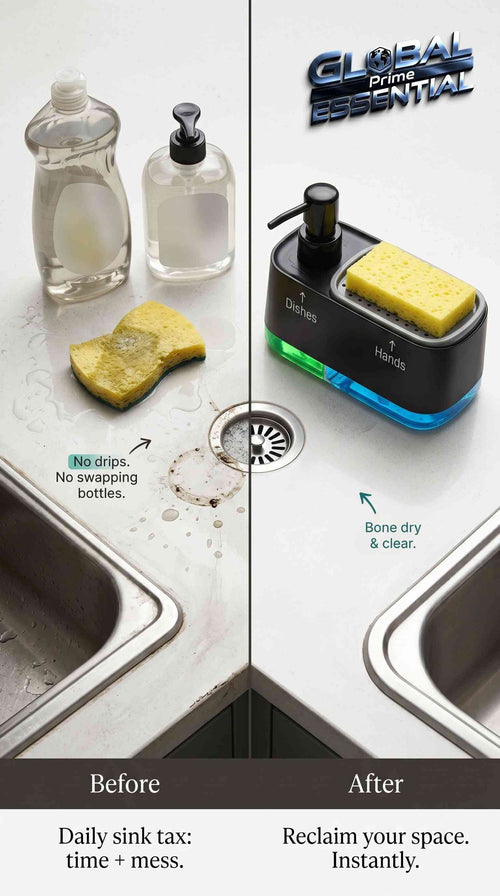 Global Prime Essential 3-in-1 dual soap dispenser with sponge holder, kitchen sink organizer, BPA-free plastic, countertop storage solution