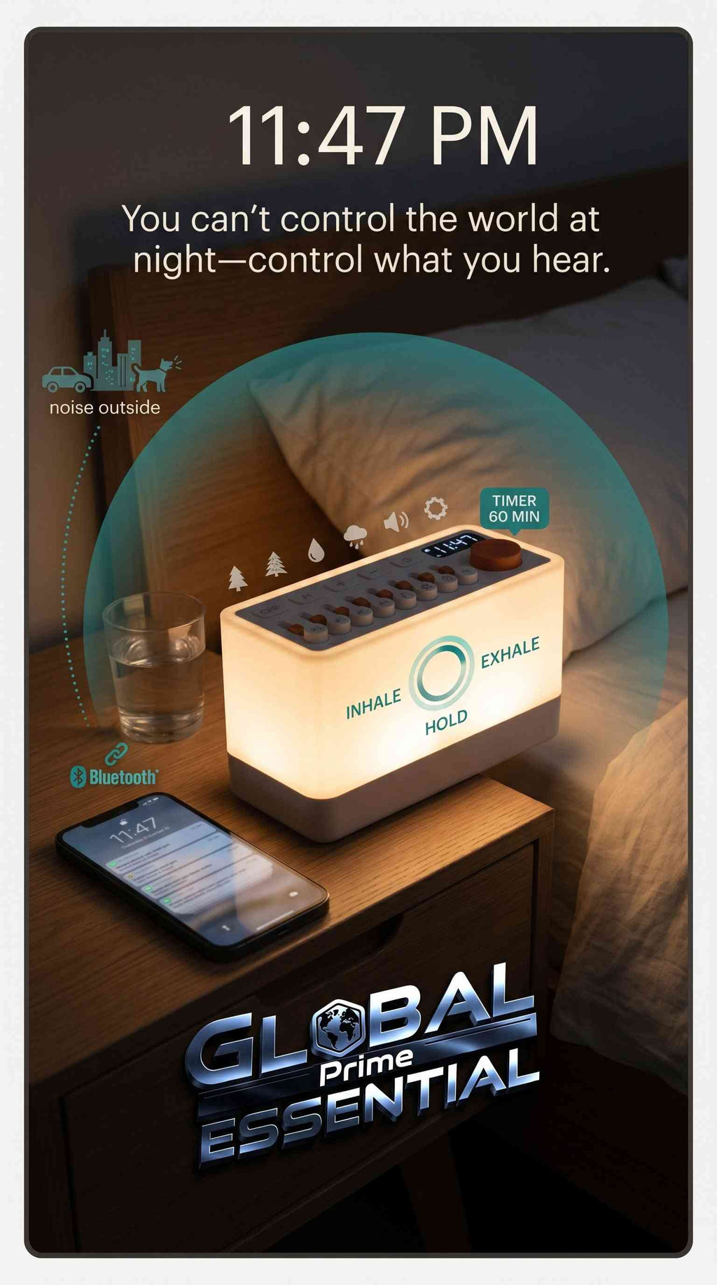 Global Prime Essential ambient sound machine with night light, nature sounds, breathing therapy, and Bluetooth speaker for relaxation.