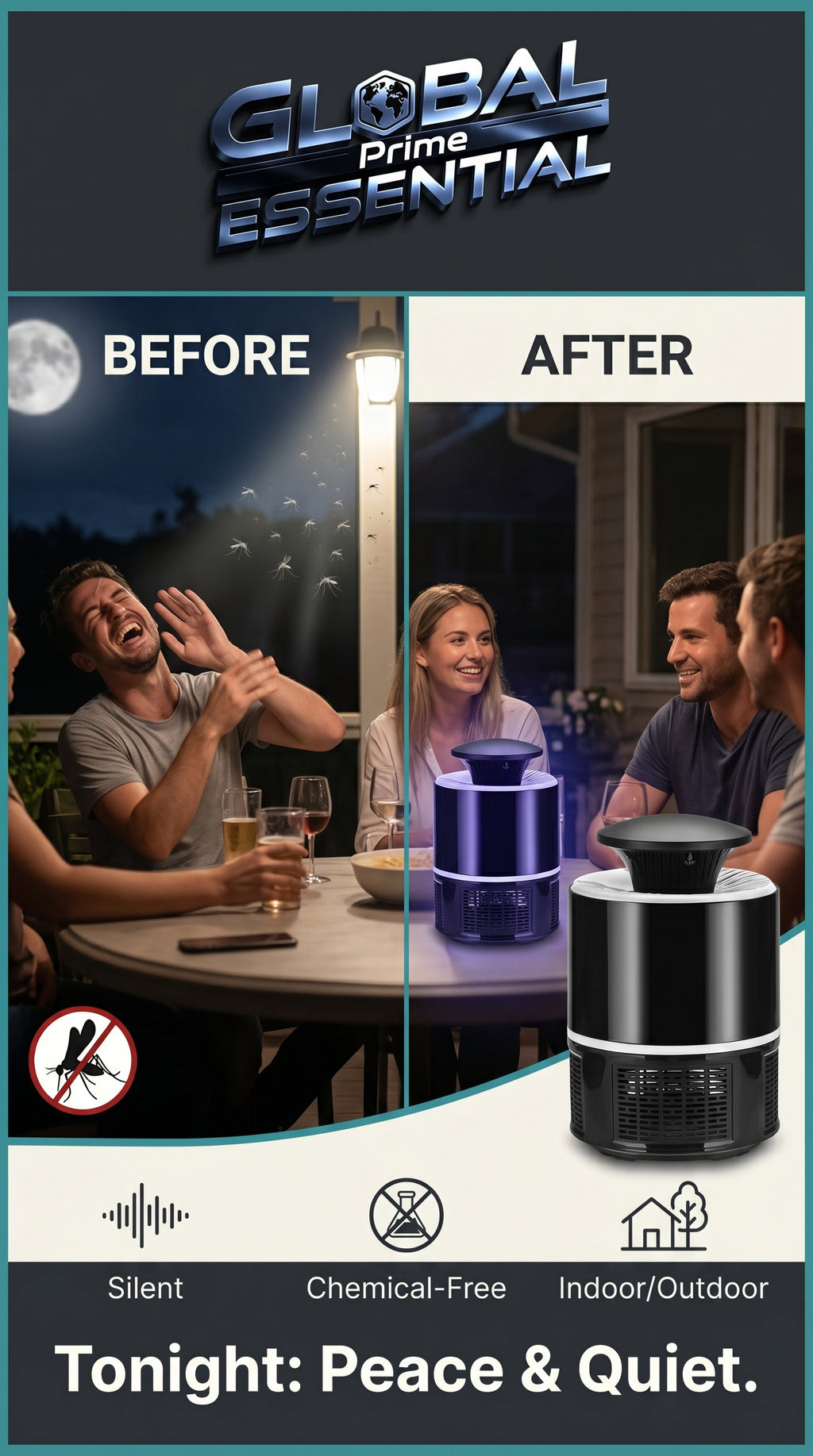Global Prime Essential mosquito lamp attracting and trapping mosquitoes to help reclaim peaceful nights.