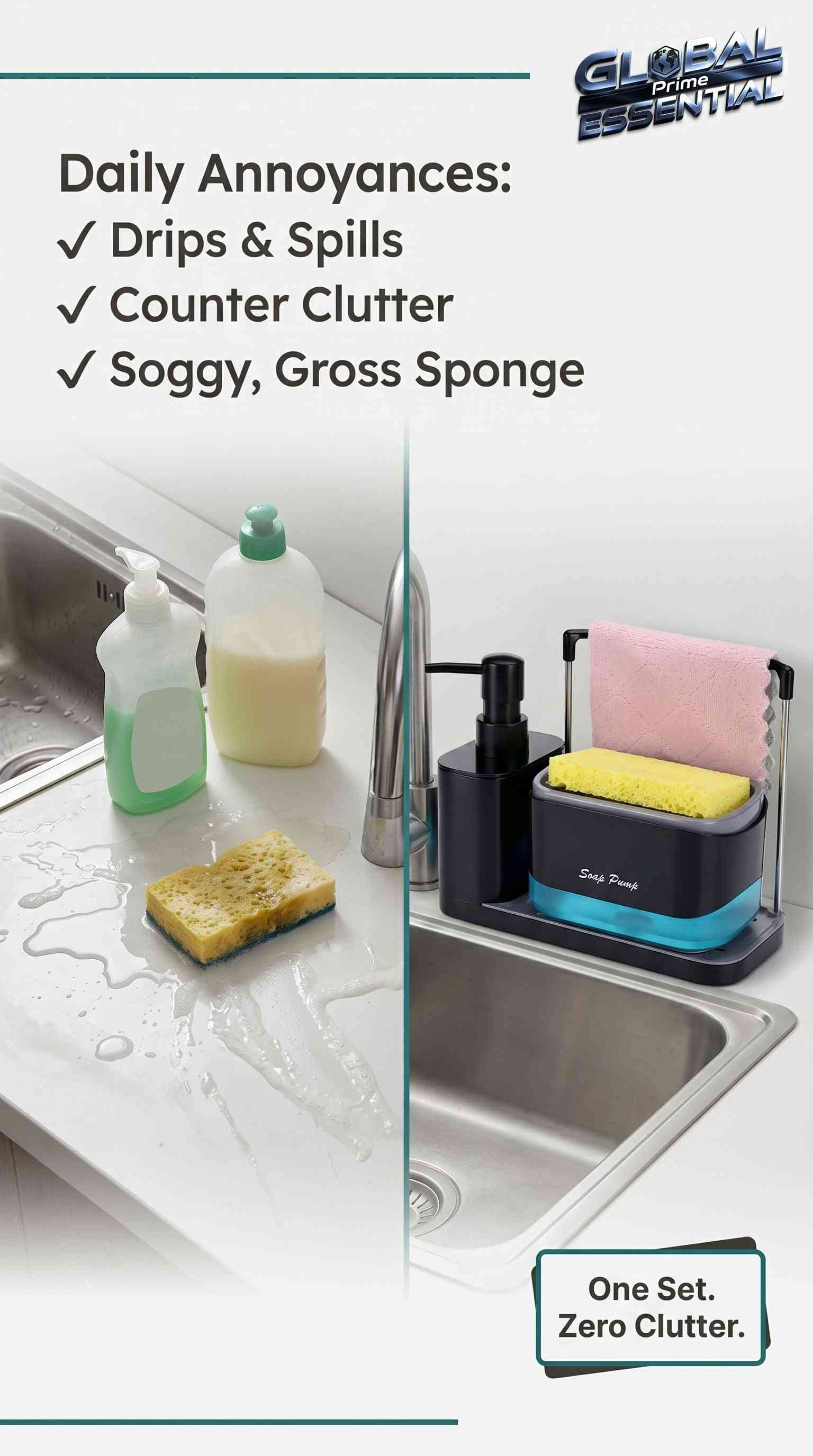 Global Prime Essential 5-in-1 kitchen sink soap dispenser set with dual pump, sponge holder, and draining tray for organized cleaning