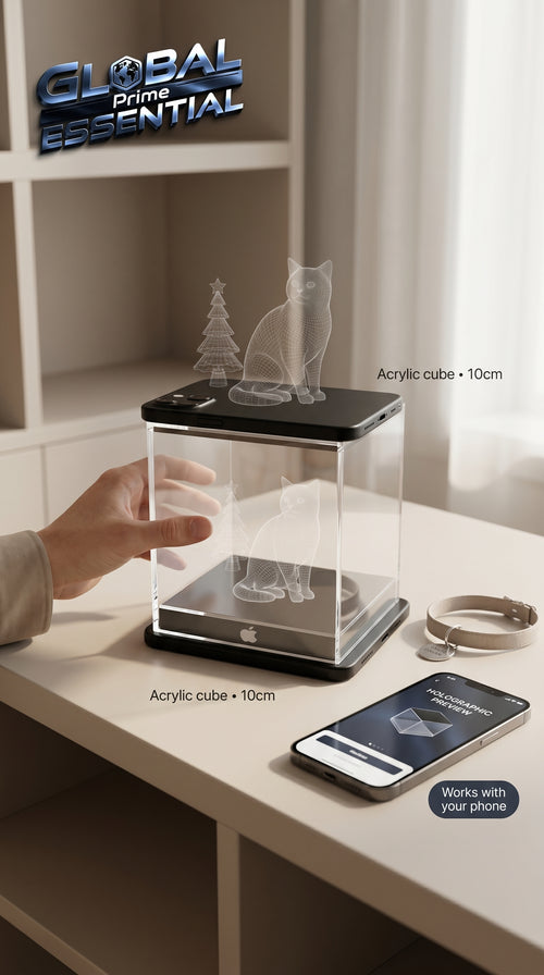 3D holographic pet memorial display box by Global Prime Essential, 10x10x10cm acrylic cube showcasing beloved pet memories