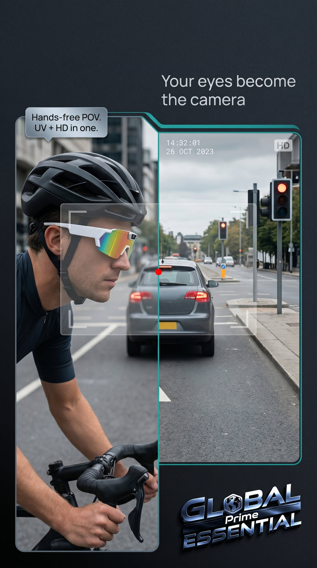Global Prime Essential bicycle sports camera glasses for hands-free HD action recording during rides.
