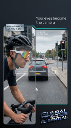 Global Prime Essential bicycle sports camera glasses for hands-free HD action recording during rides.