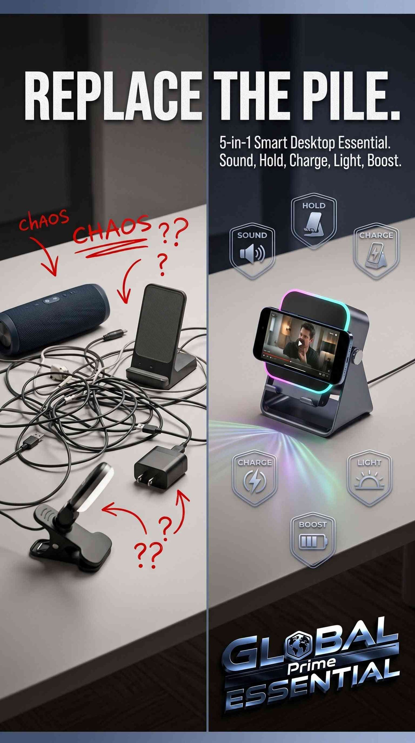 Global Prime Essential 5-in-1 wireless speaker with phone holder, RGB lighting, induction charging, and Bluetooth connectivity.
