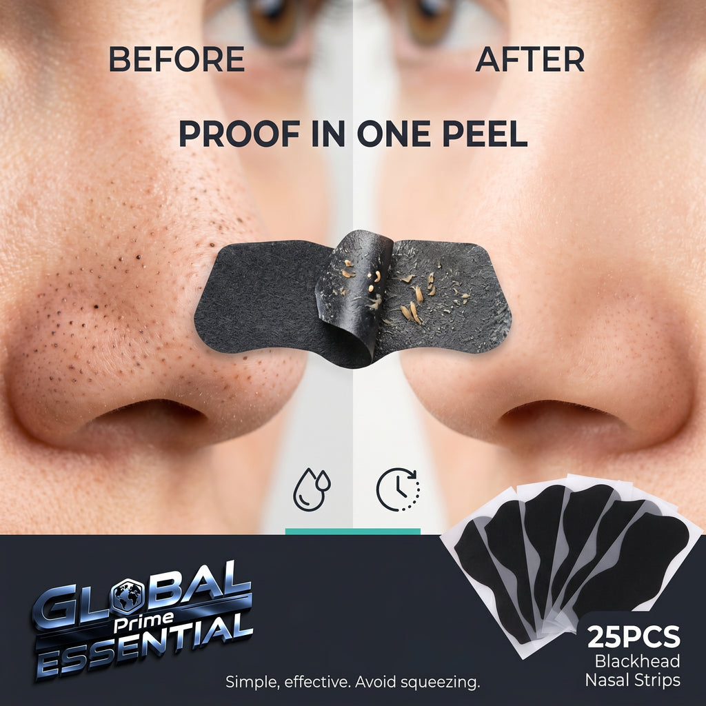 Global Prime Essential nose blackhead remover pore strips for deep cleansing and visible results in 10 minutes.
