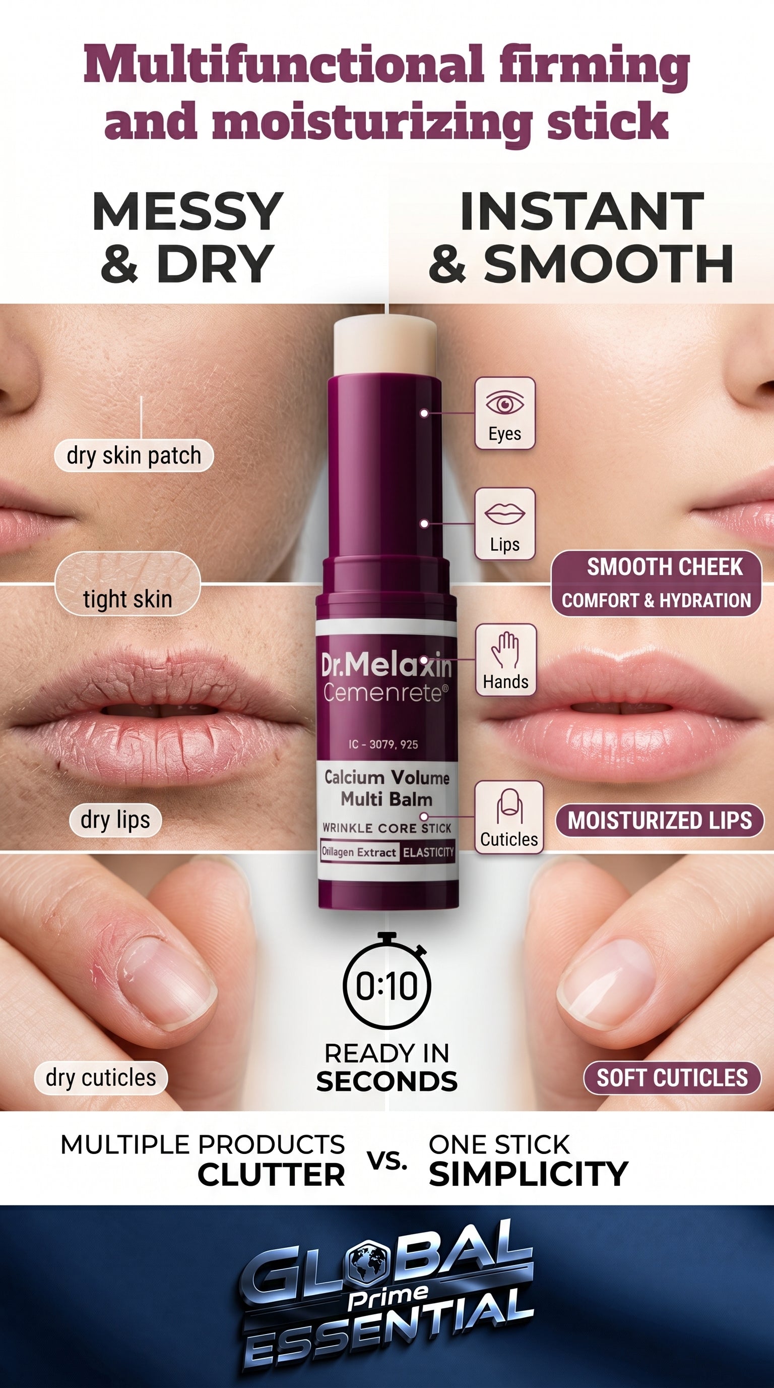 Global Prime Essential Calcium Multi Balm Collagen Stick for firming and hydrating skincare, showing the portable skincare stick.