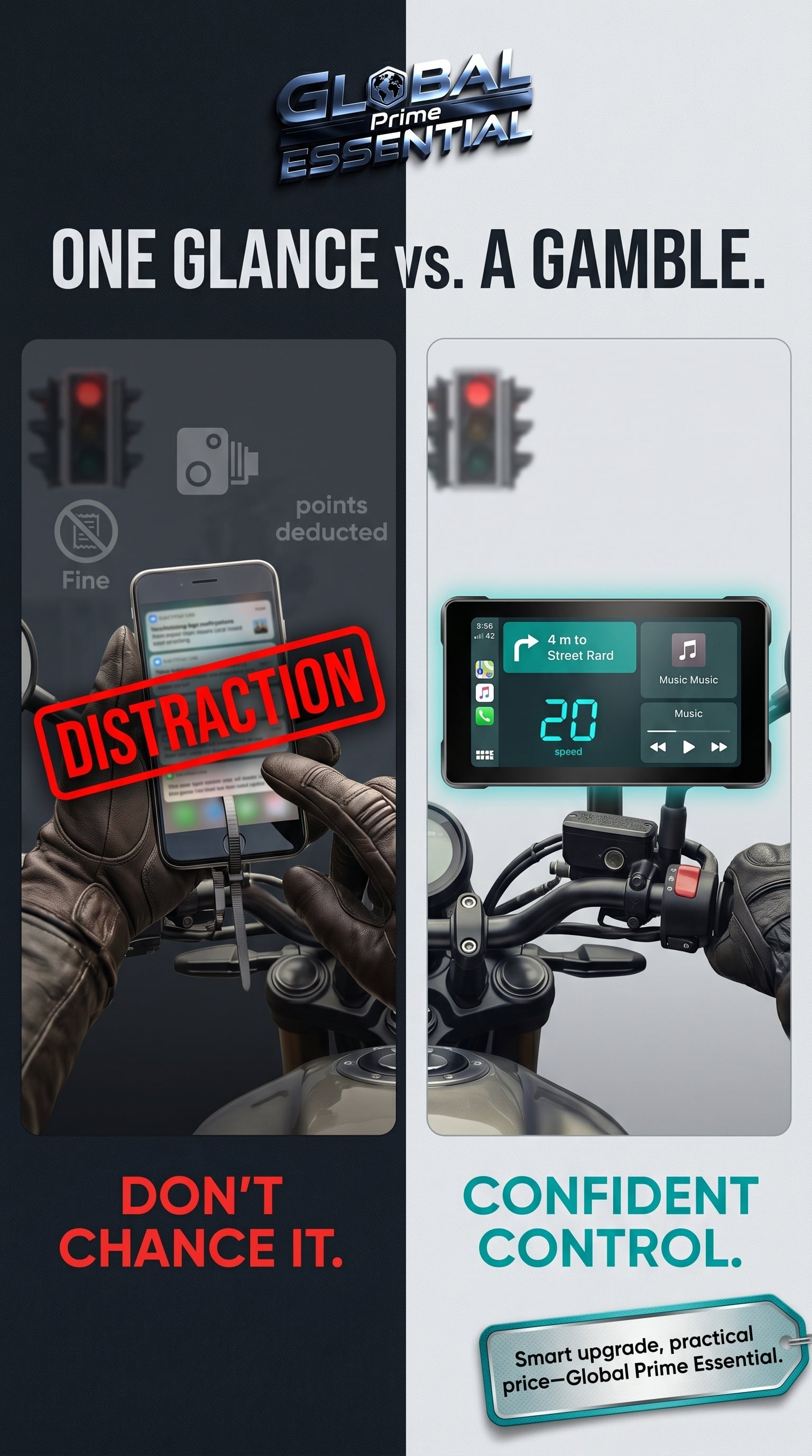 Global Prime Essential 7-inch motorcycle display showing navigation and connectivity features for motorcycle accessory use.