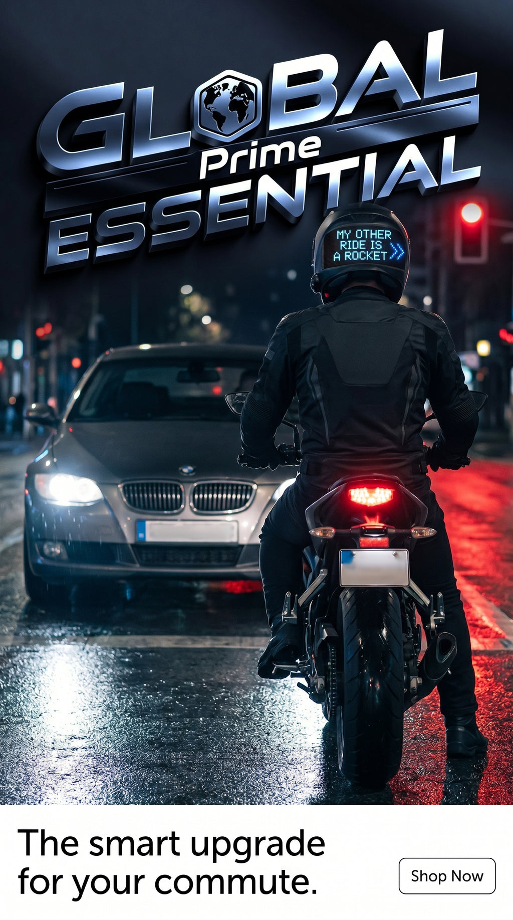 Motorcycle helmet with programmable LED display by Global Prime Essential, showcasing bright lights for night riding safety.