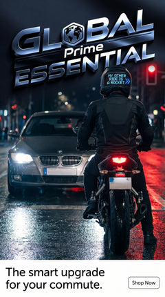 Motorcycle helmet with programmable LED display by Global Prime Essential, showcasing bright lights for night riding safety.