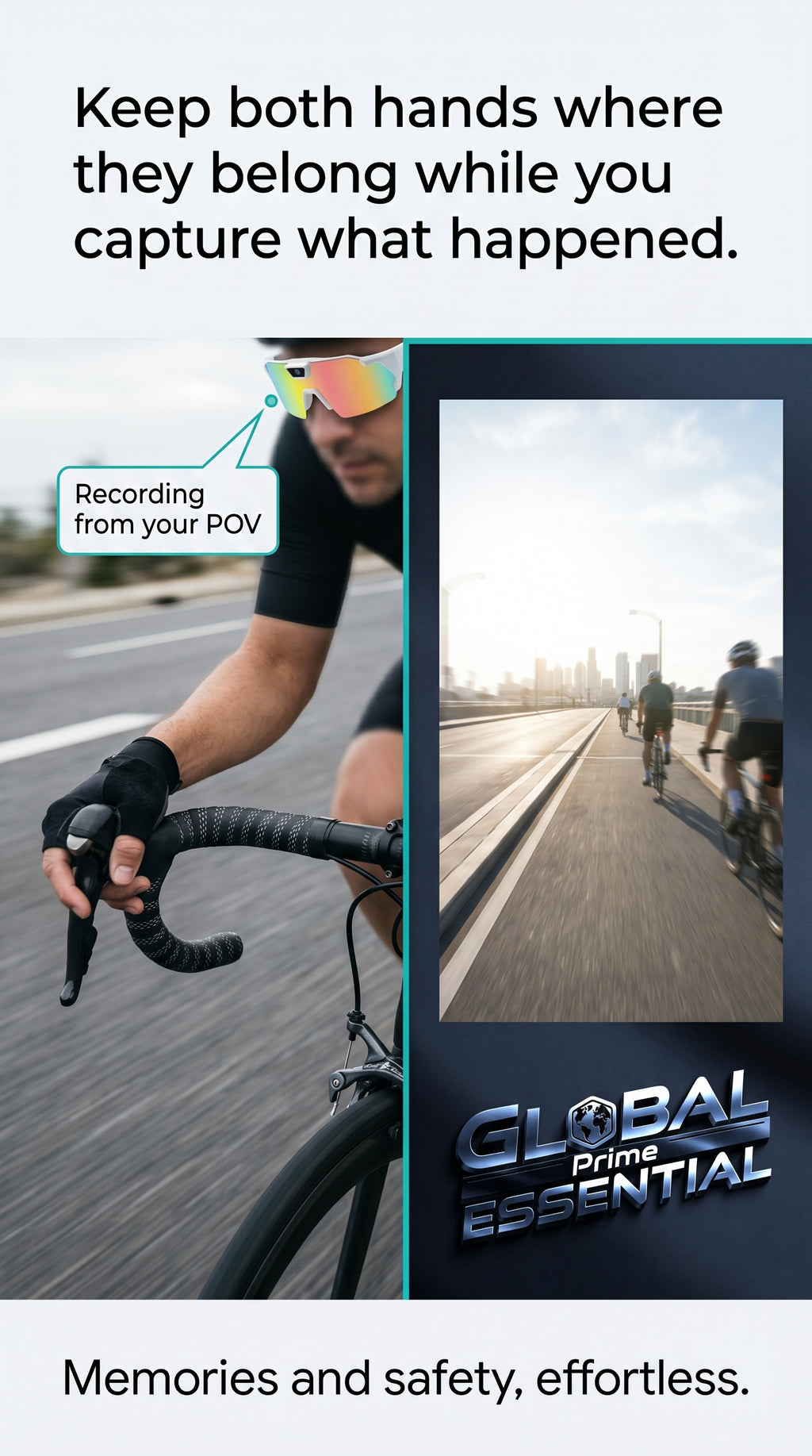 Global Prime Essential bicycle sports camera glasses with HD action recording, hands-free sunglasses for outdoor adventures.