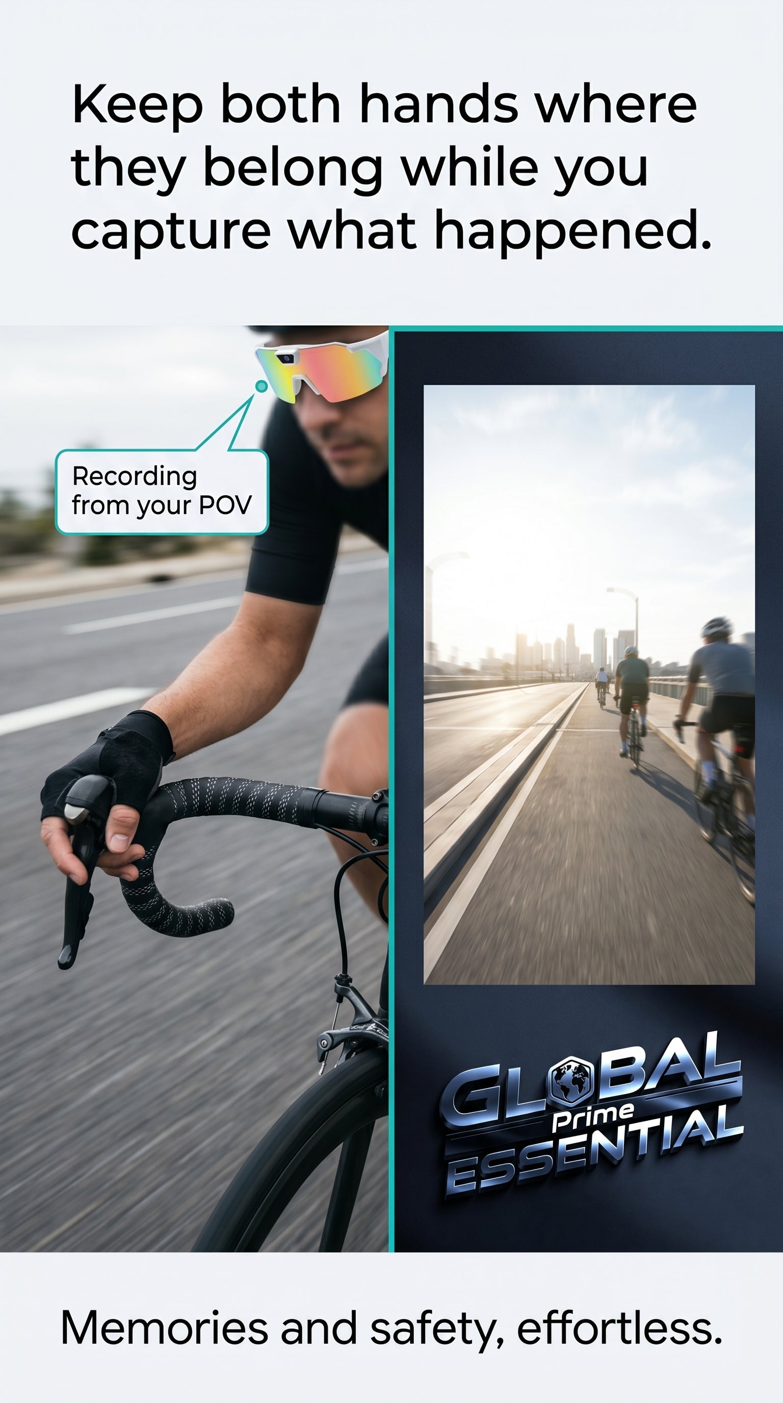 Global Prime Essential bicycle sports camera glasses with HD action recording, hands-free sunglasses for outdoor adventures.