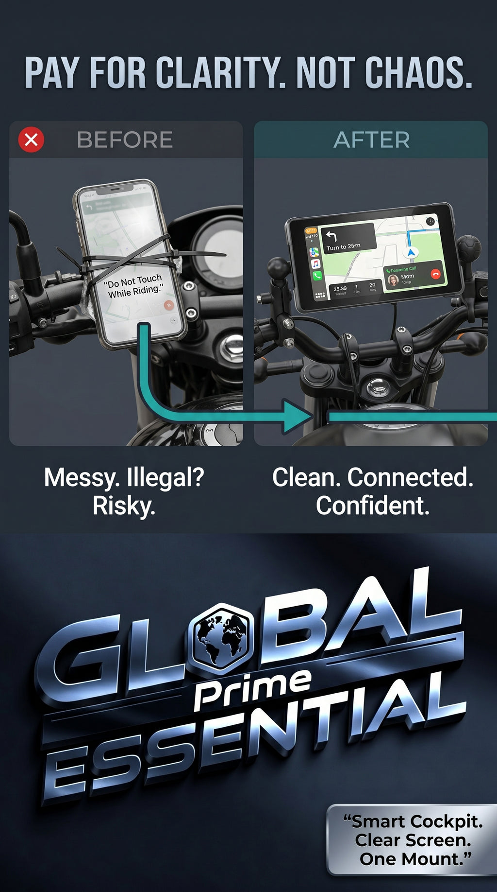 7-inch motorcycle display from Global Prime Essential showing clear cockpit view with digital speedometer and navigation features.