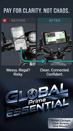 7-inch motorcycle display from Global Prime Essential showing clear cockpit view with digital speedometer and navigation features.
