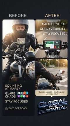 Global Prime Essential 7-inch motorcycle display mounted on bike handlebar, showcasing ride smarter and ditch phone distractions.