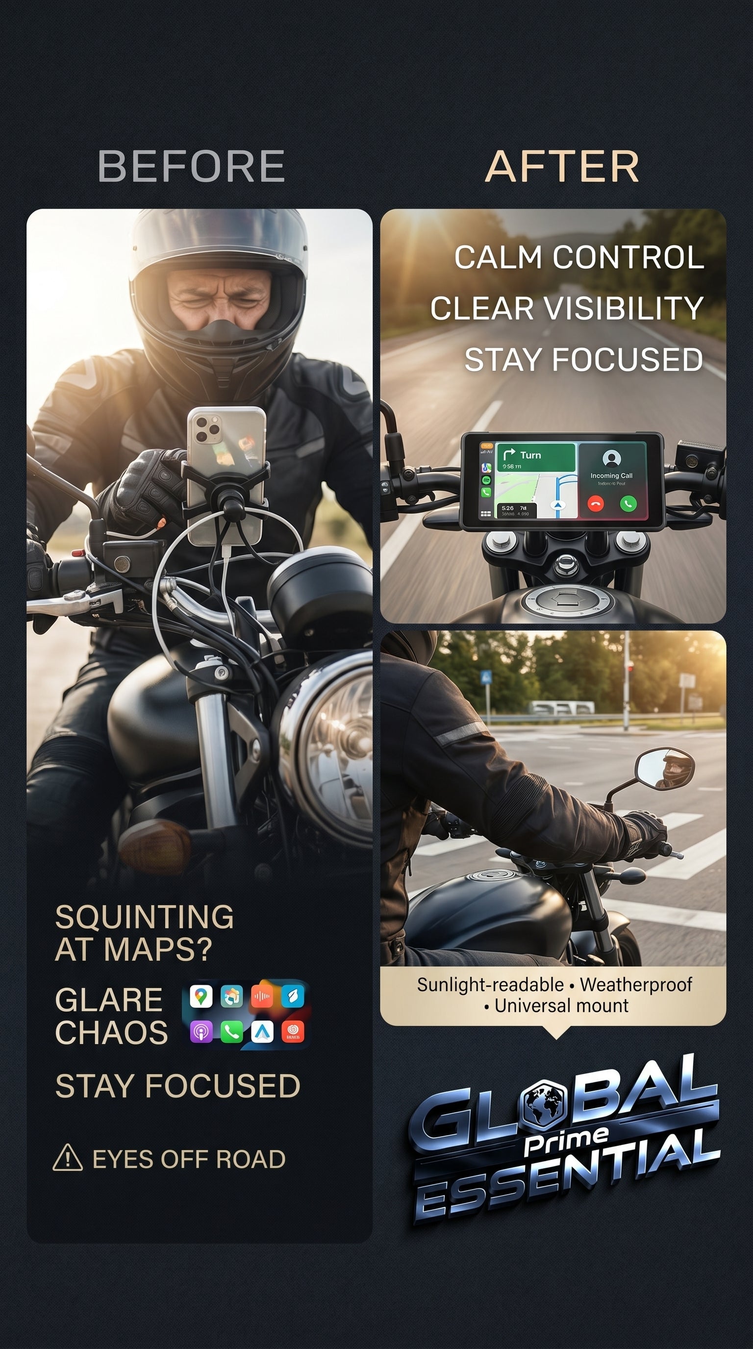 Global Prime Essential 7-inch motorcycle display mounted on bike handlebar, showcasing ride smarter and ditch phone distractions.
