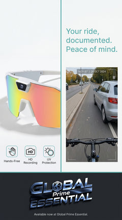 Global Prime Essential bicycle sports camera glasses with built-in HD action recording, hands-free sunglasses for capturing adventures.
