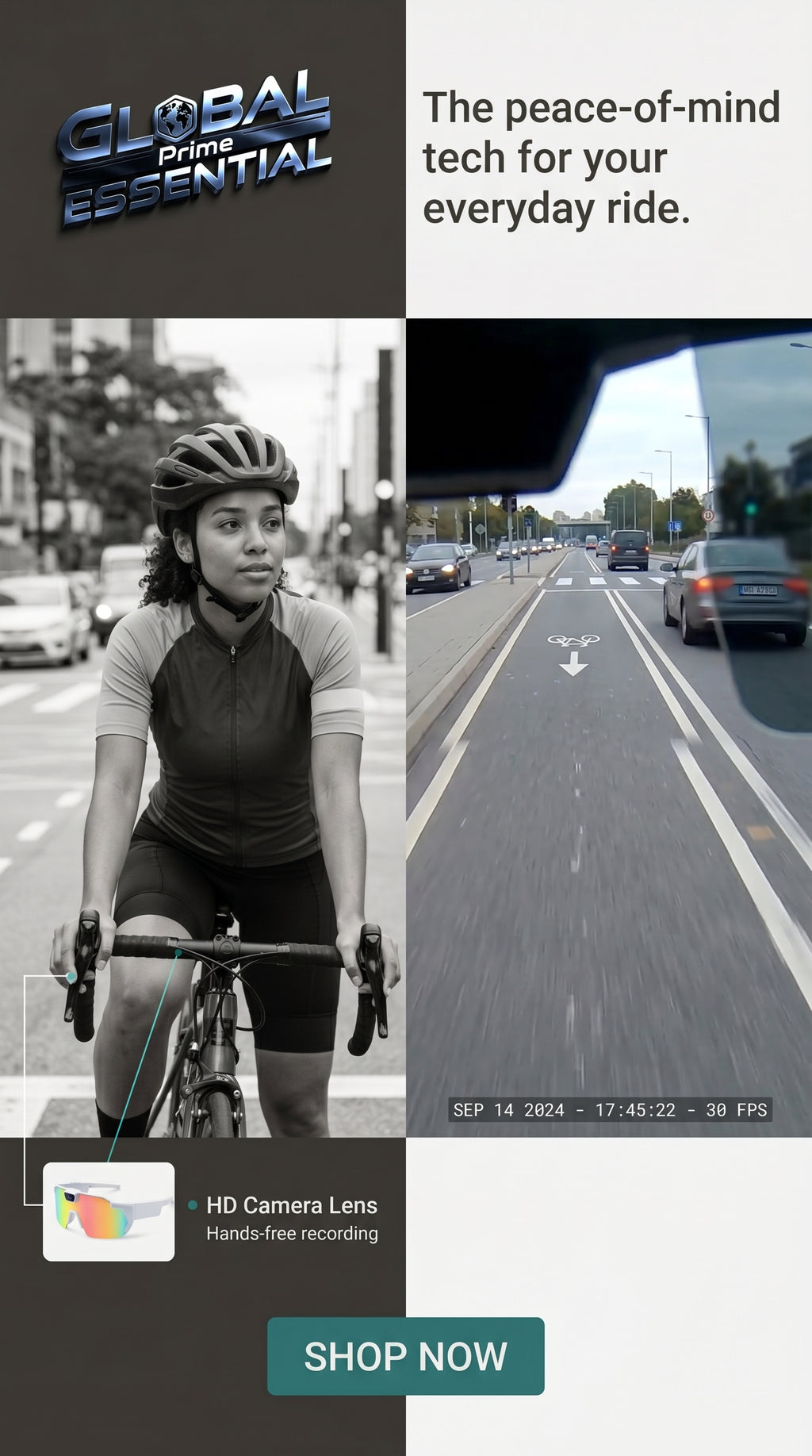 Global Prime Essential bicycle sports camera glasses with built-in HD action camera for hands-free recording during rides.