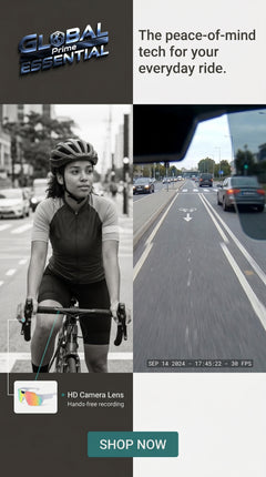 Global Prime Essential bicycle sports camera glasses with built-in HD action camera for hands-free recording during rides.
