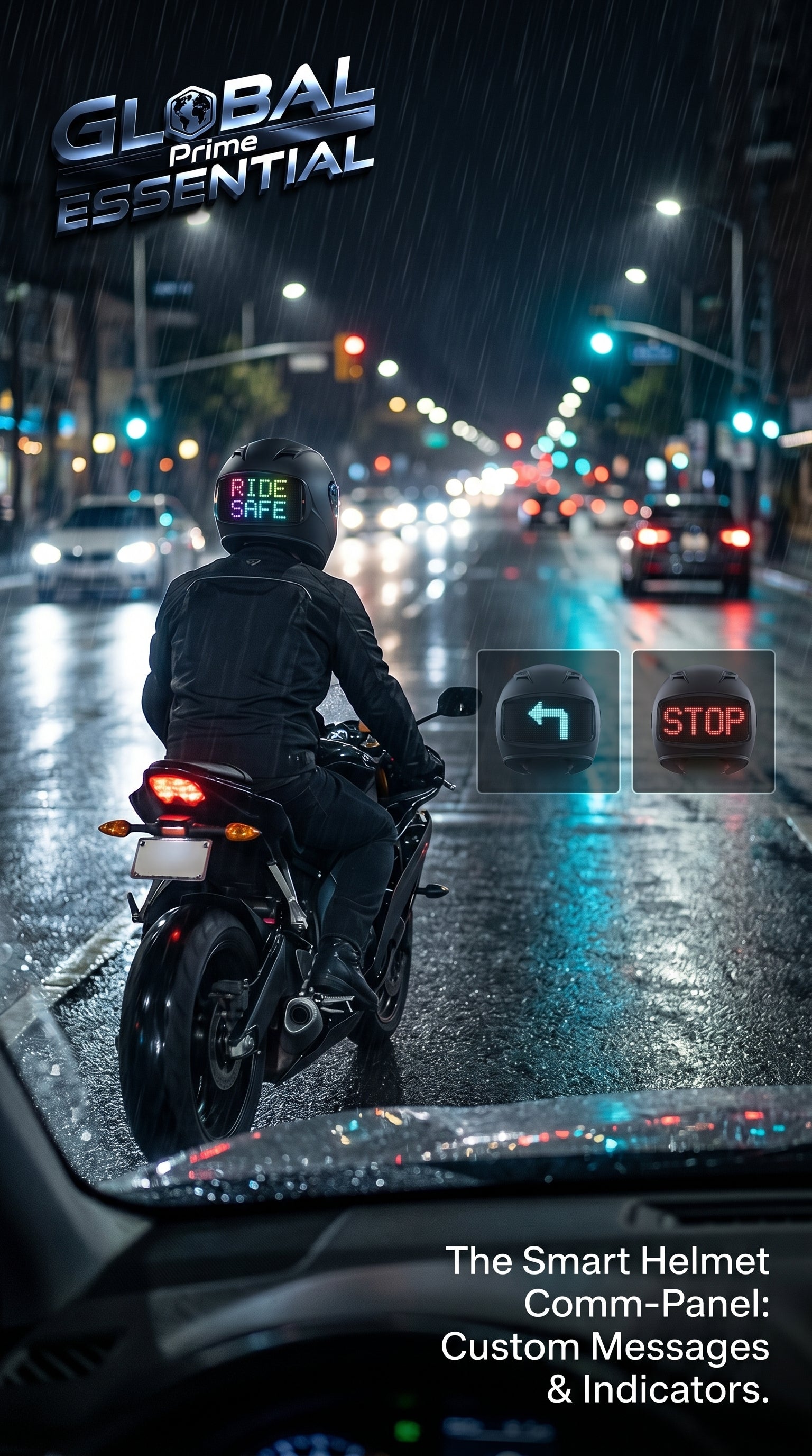 Global Prime Essential motorcycle helmet with programmable LED display, enhancing visibility and communication for safe riding.