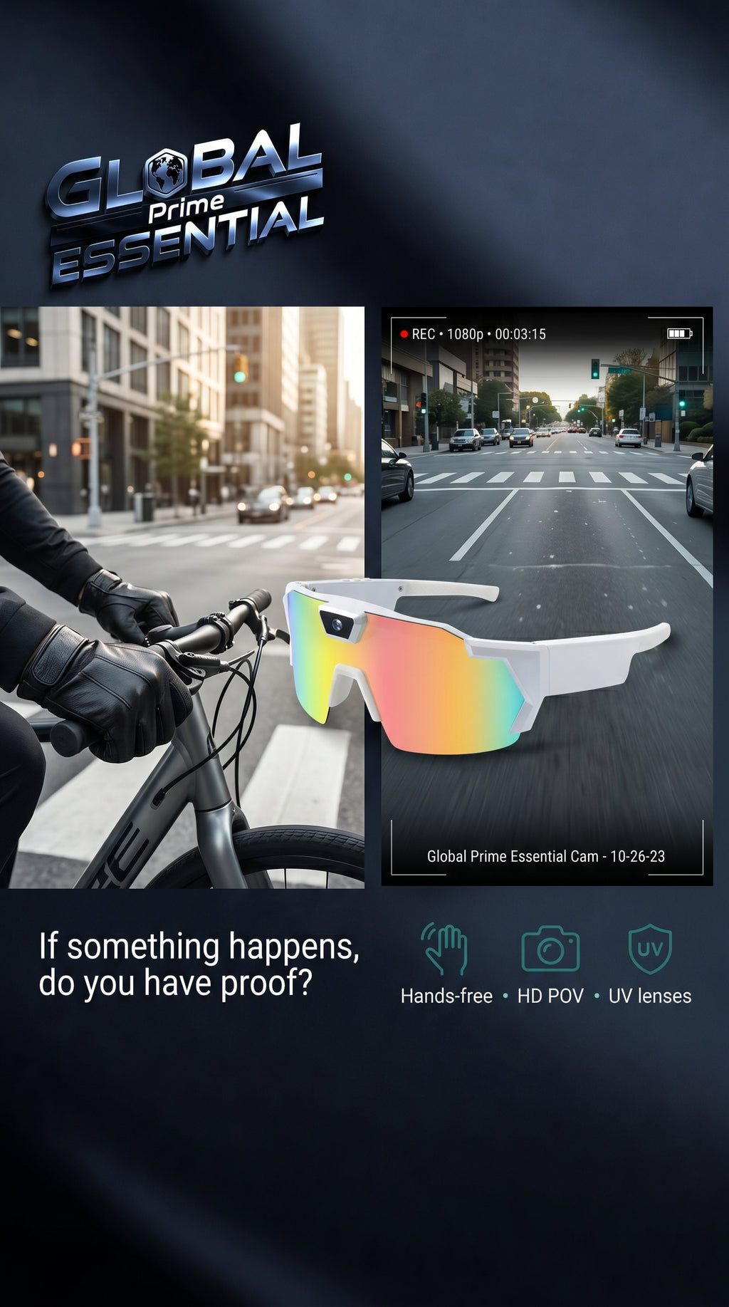 Global Prime Essential Bicycle Sports POV Camera Glasses with HD action recording, hands-free sunglasses for cycling adventures.
