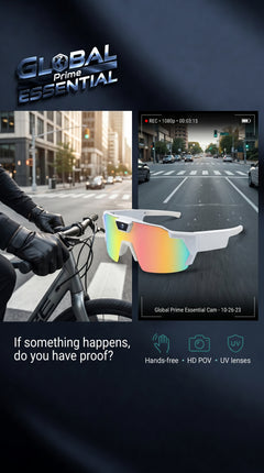 Global Prime Essential Bicycle Sports POV Camera Glasses with HD action recording, hands-free sunglasses for cycling adventures.
