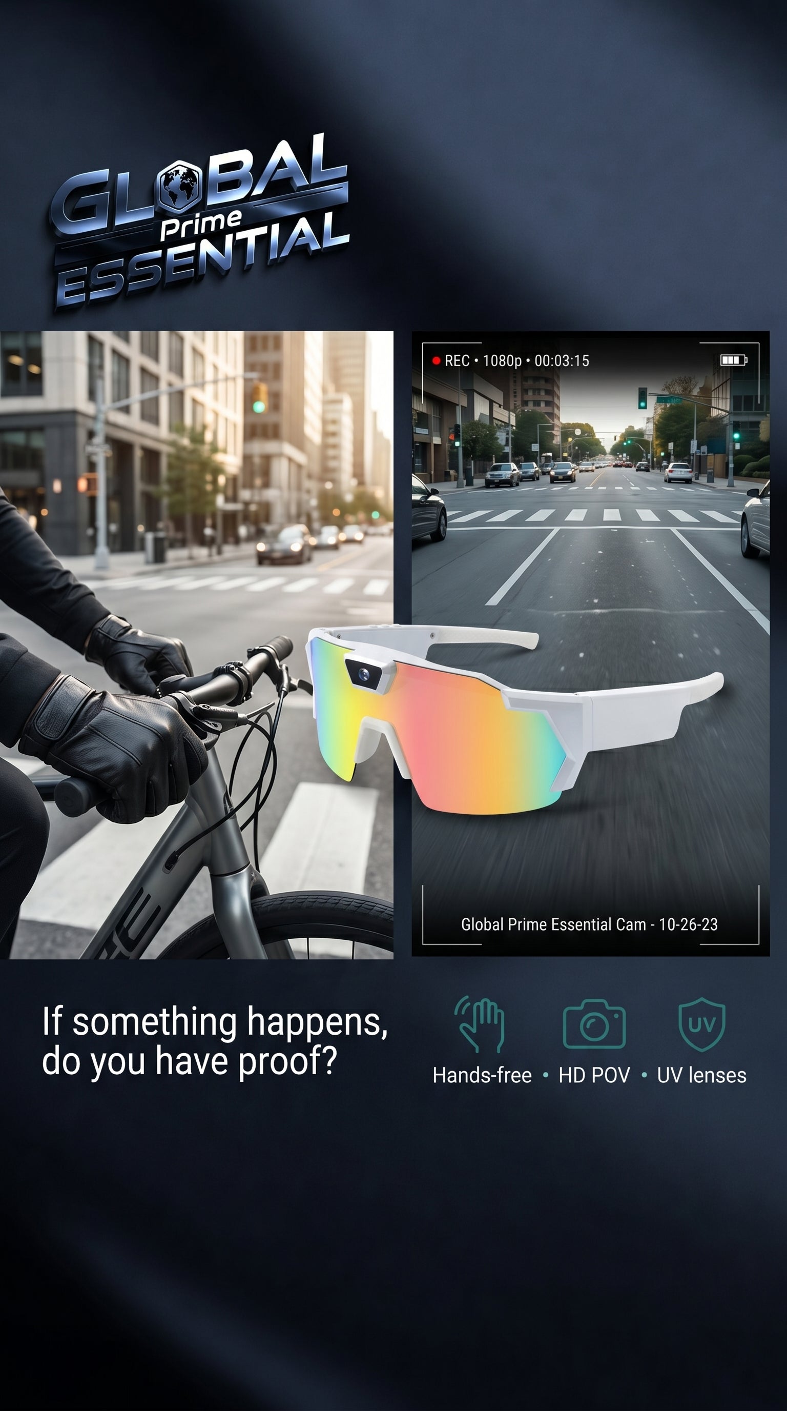 Global Prime Essential Bicycle Sports POV Camera Glasses with HD action recording, hands-free sunglasses for cycling adventures.